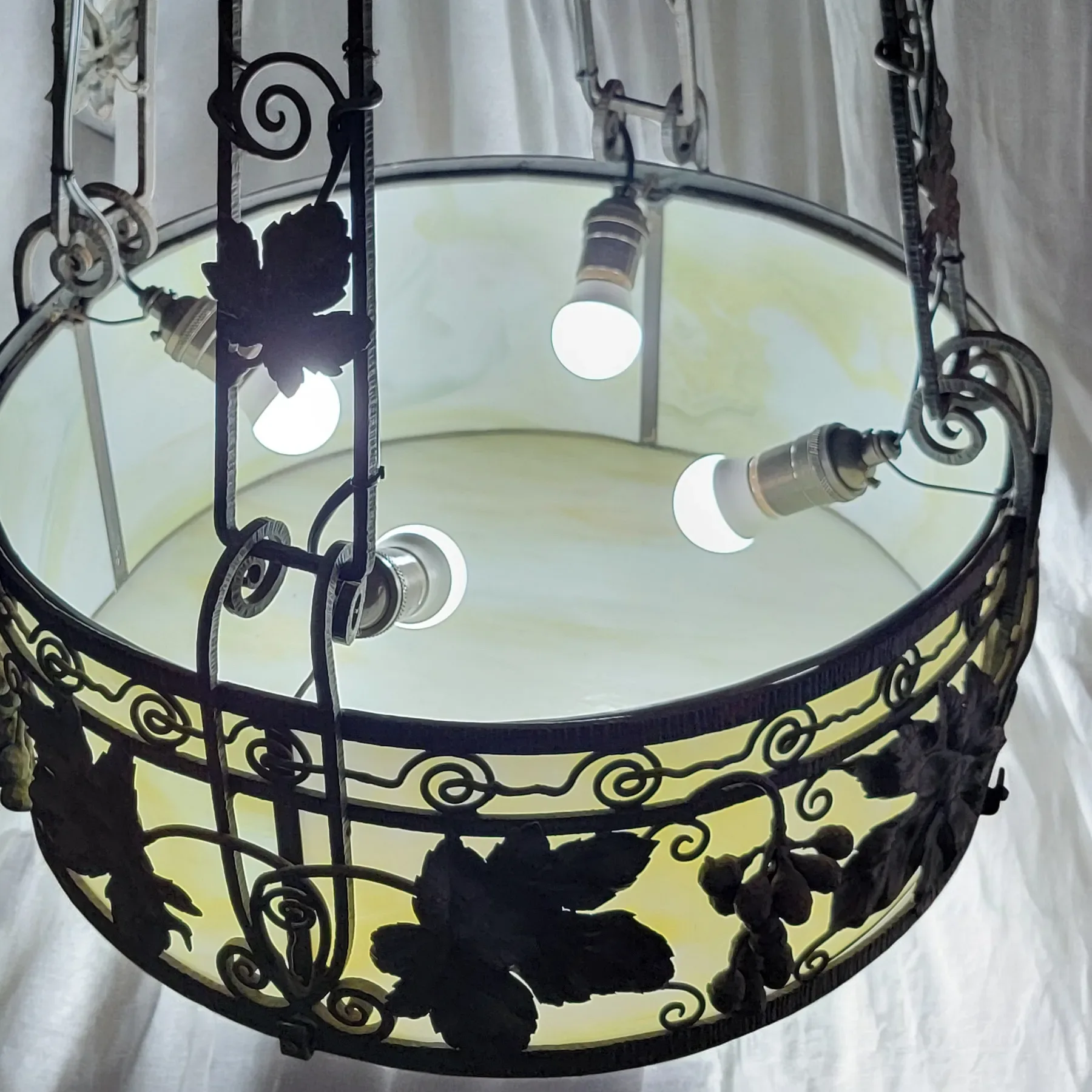 1920s French Wrought Iron 4 Light Fixture with Yellow Slag Glass - View 6