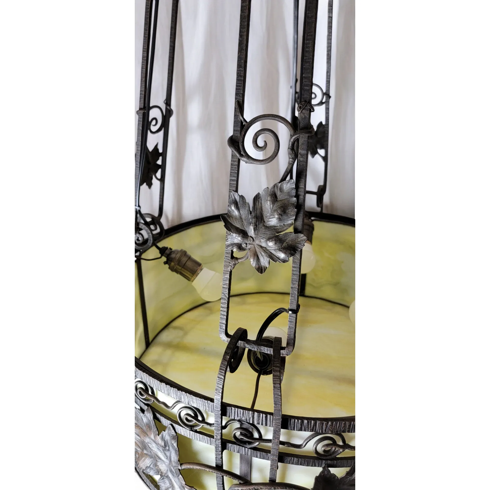 1920s French Wrought Iron 4 Light Fixture with Yellow Slag Glass - View 7