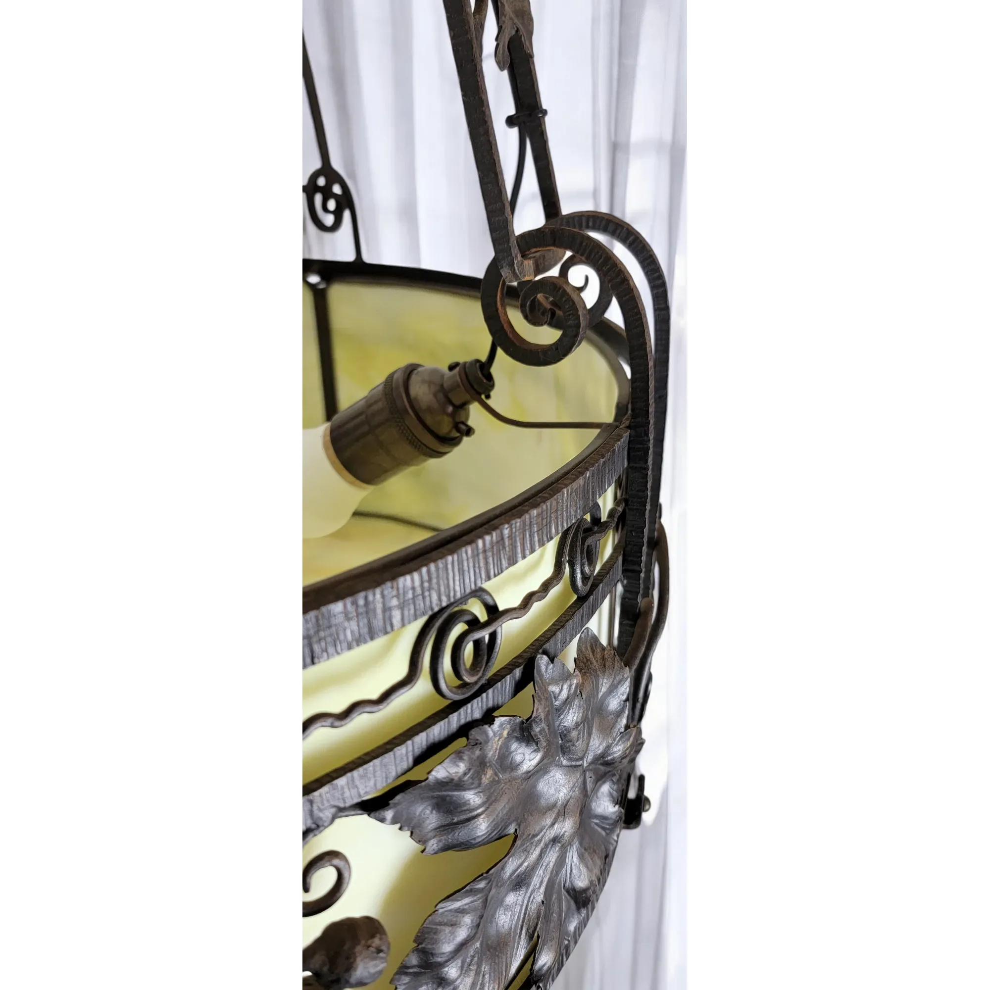 1920s French Wrought Iron 4 Light Fixture with Yellow Slag Glass - View 8
