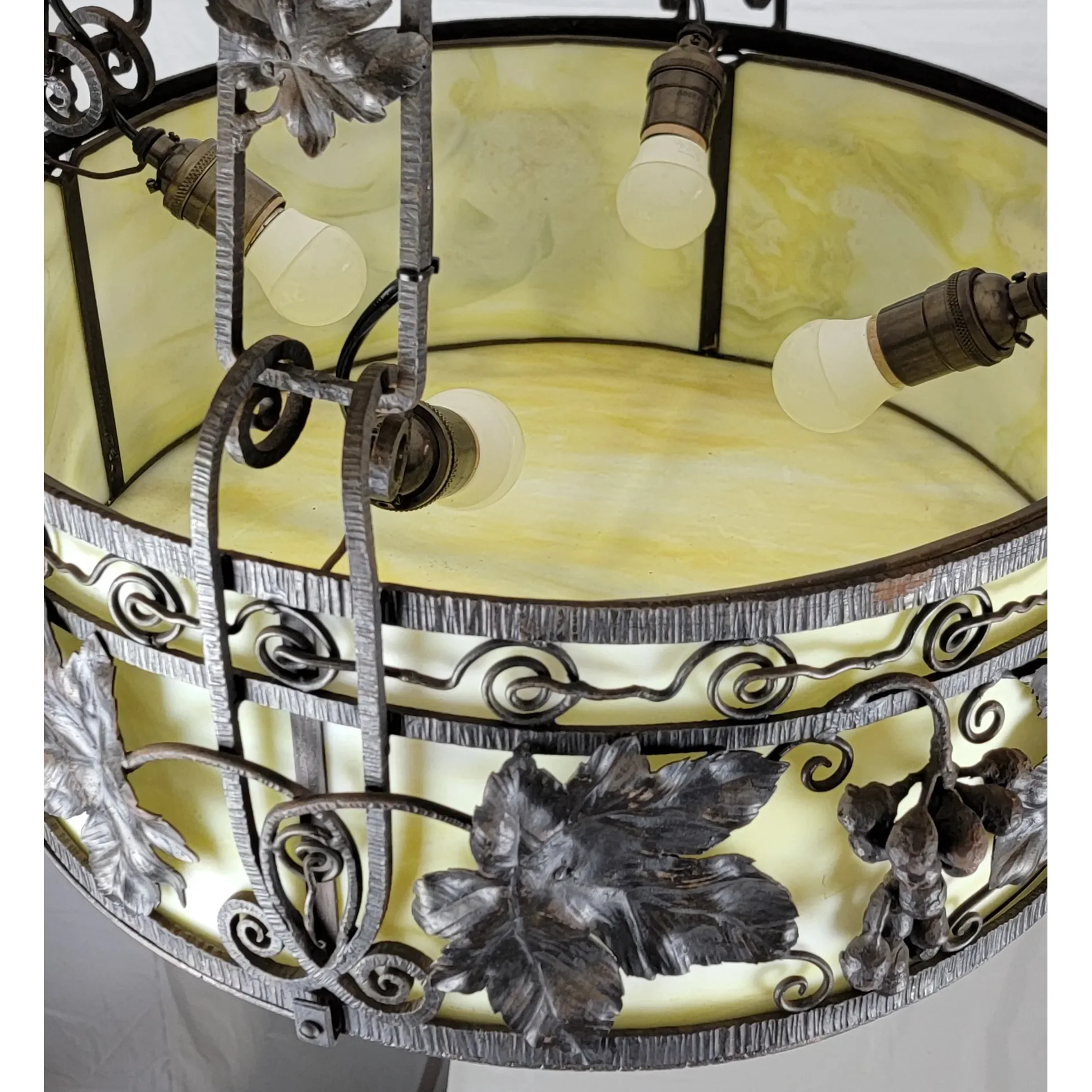 1920s French Wrought Iron 4 Light Fixture with Yellow Slag Glass - View 9