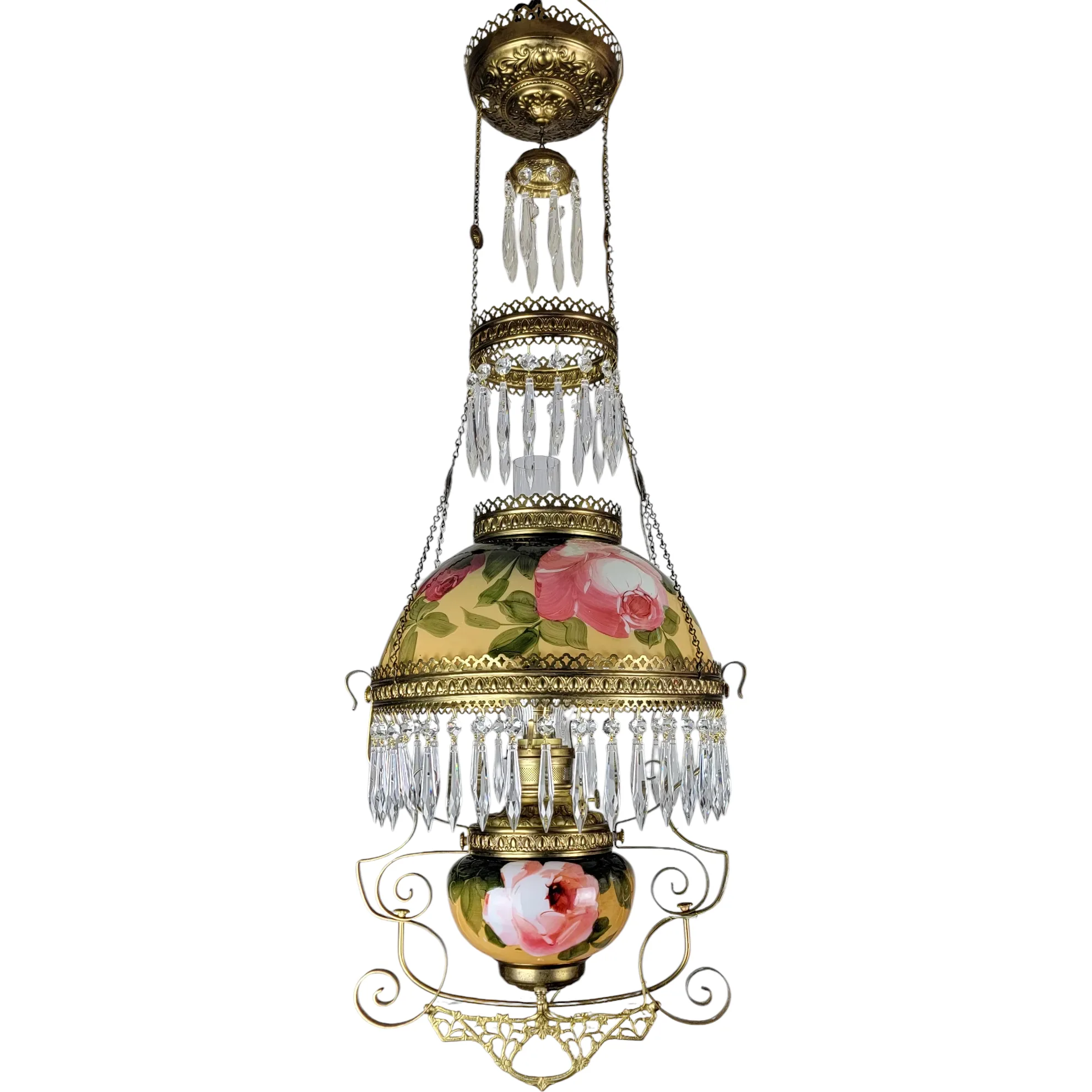 Antique 1890s Hanging Kerosene Parlor /Library Light Lamp - HP Roses - Electrified