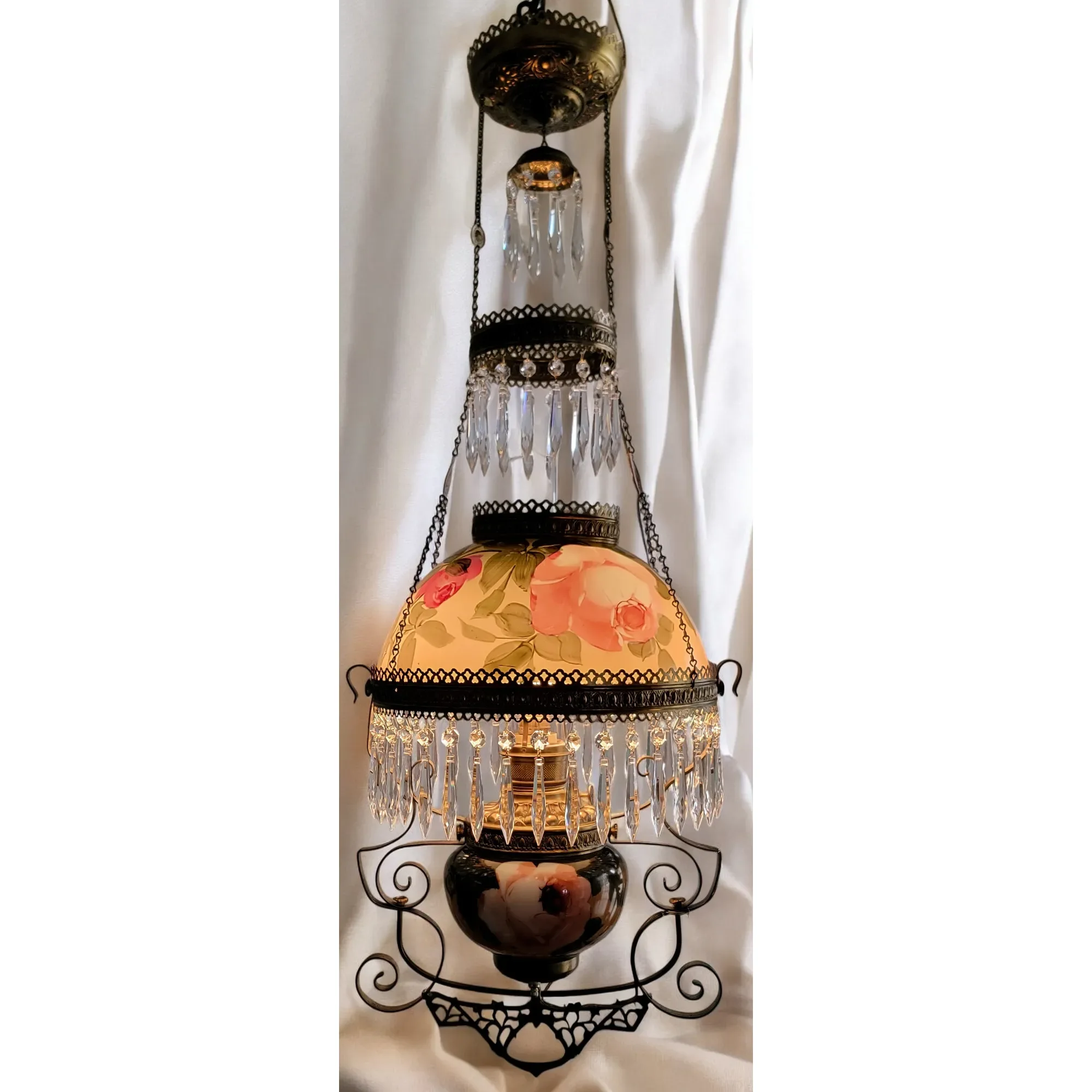 Antique 1890s Hanging Kerosene Parlor /Library Light Lamp - HP Roses - Electrified - View 2
