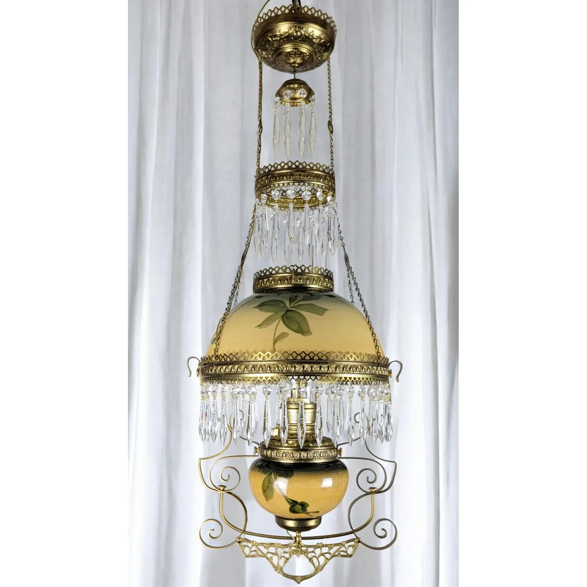 Antique 1890s Hanging Kerosene Parlor /Library Light Lamp - HP Roses - Electrified - View 3