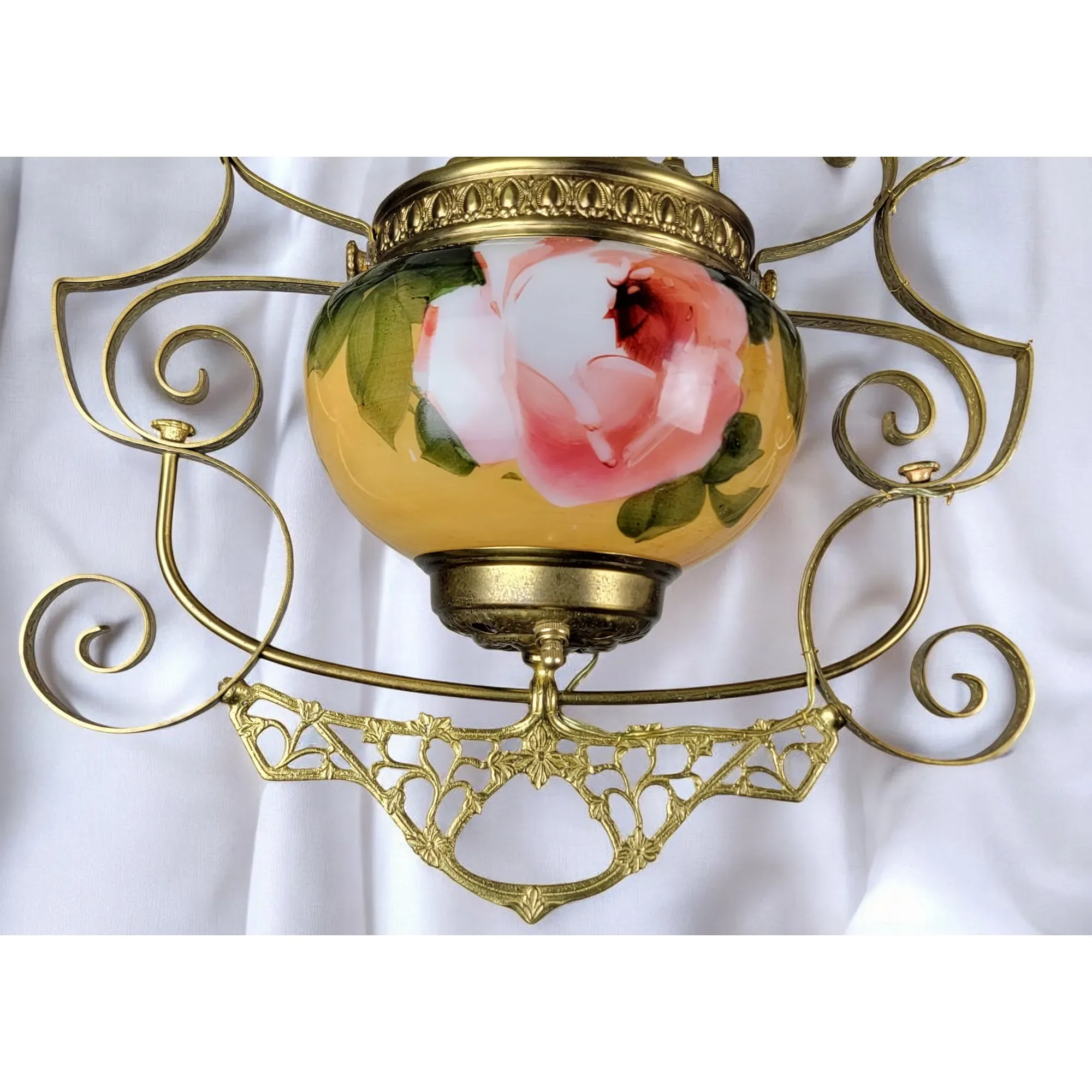 Antique 1890s Hanging Kerosene Parlor /Library Light Lamp - HP Roses - Electrified - View 5