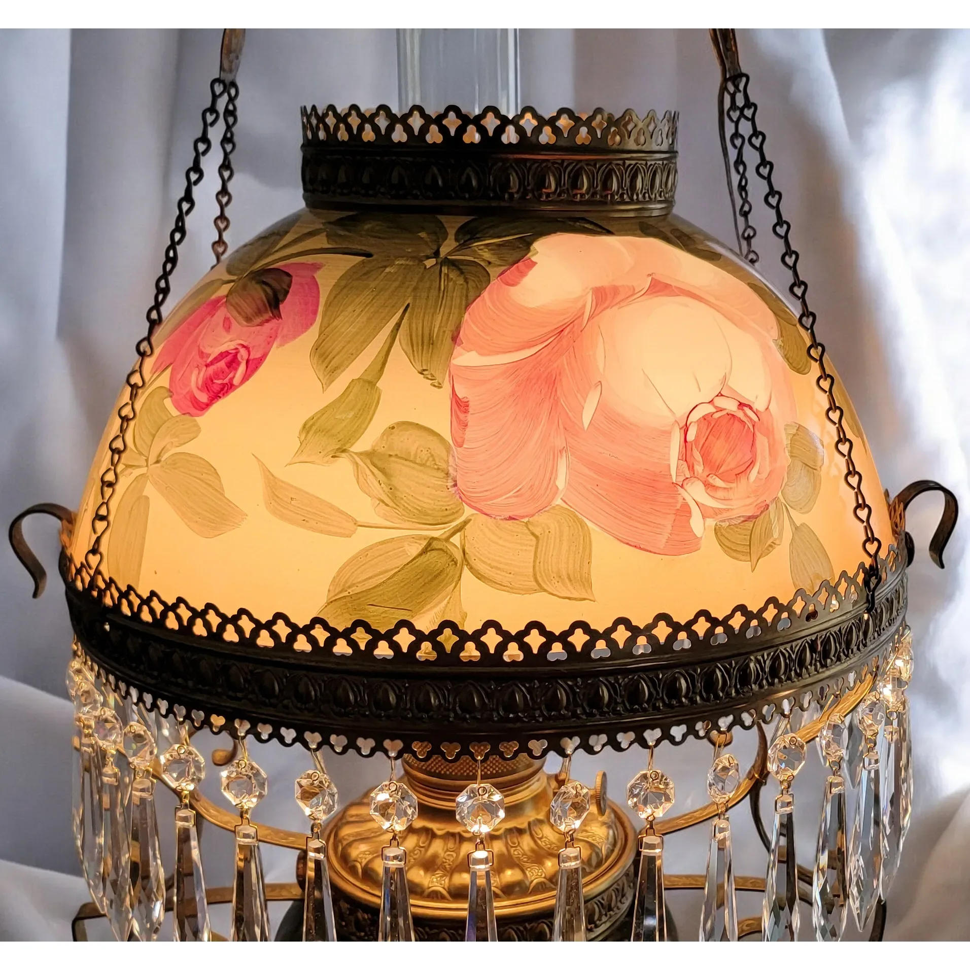 Antique 1890s Hanging Kerosene Parlor /Library Light Lamp - HP Roses - Electrified - View 6