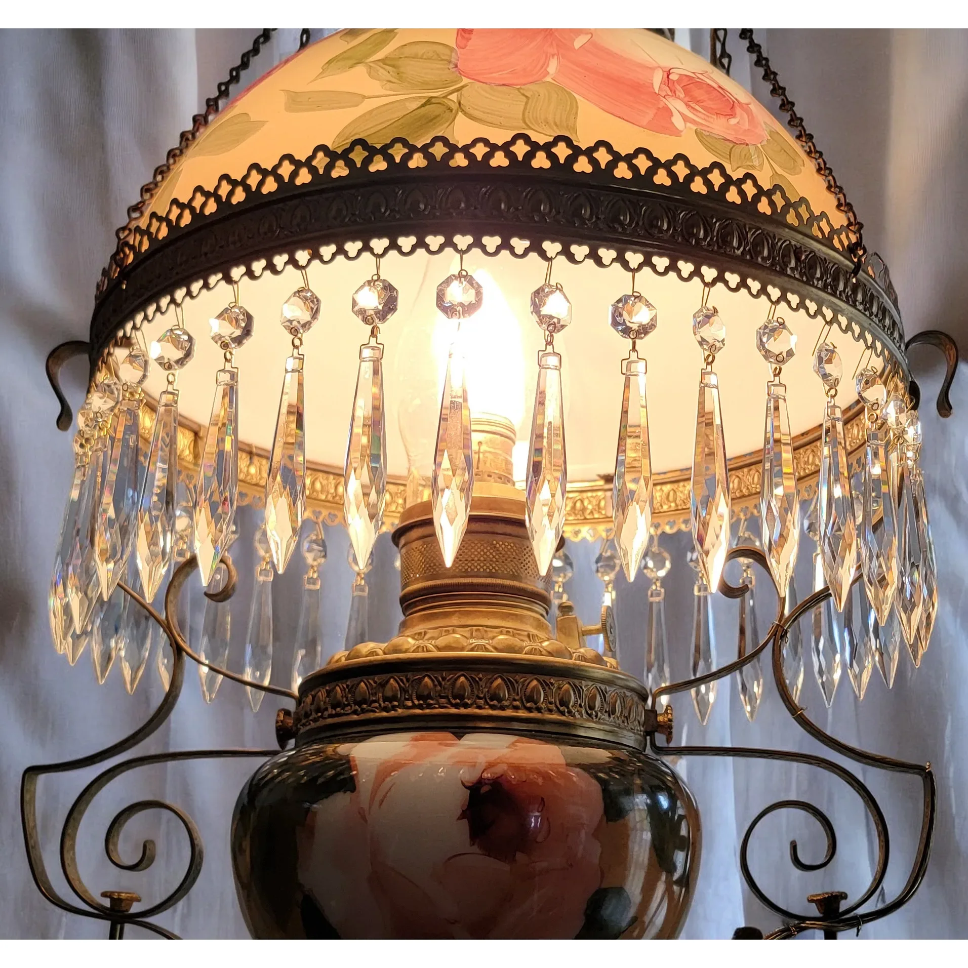 Antique 1890s Hanging Kerosene Parlor /Library Light Lamp - HP Roses - Electrified - View 7