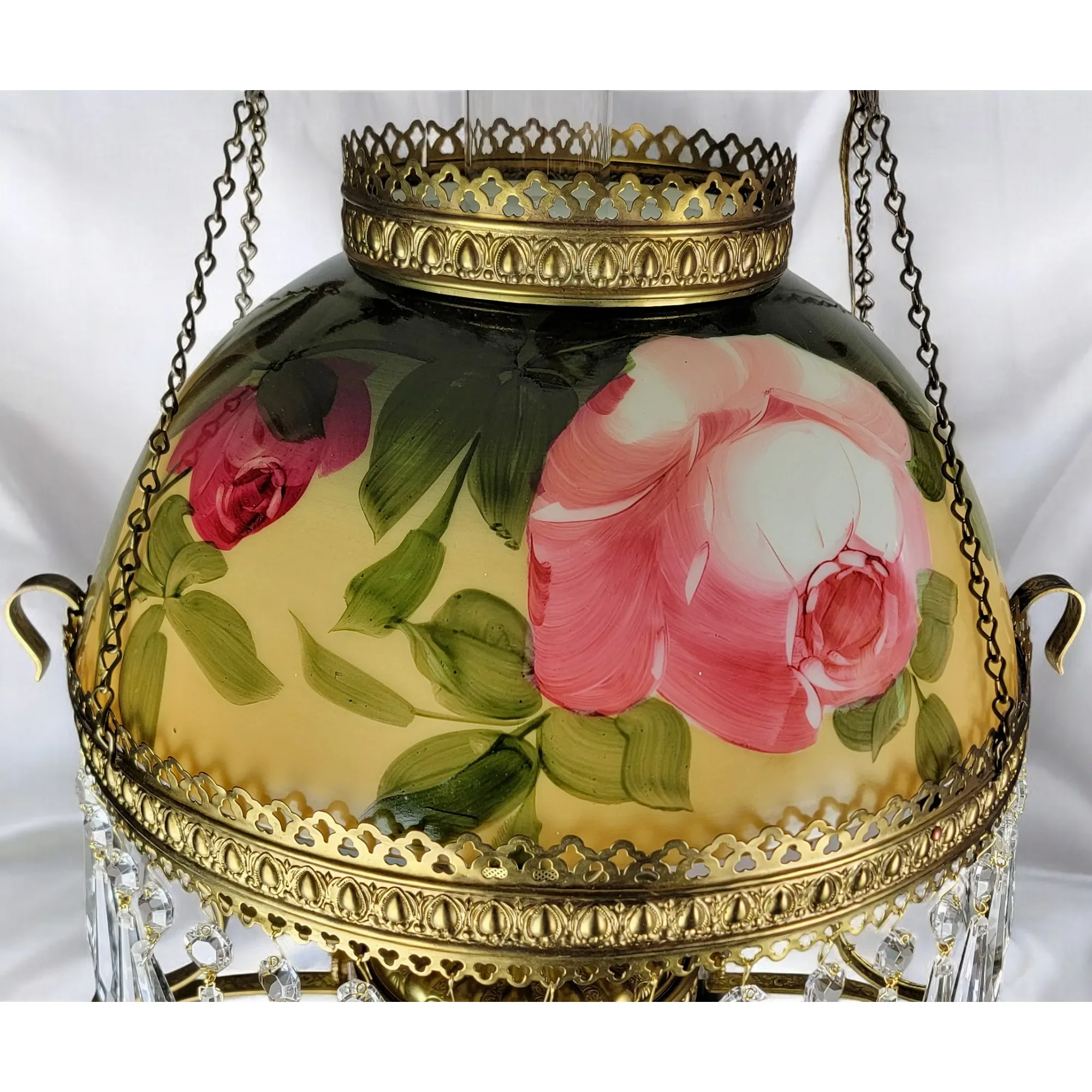 Antique 1890s Hanging Kerosene Parlor /Library Light Lamp - HP Roses - Electrified - View 8