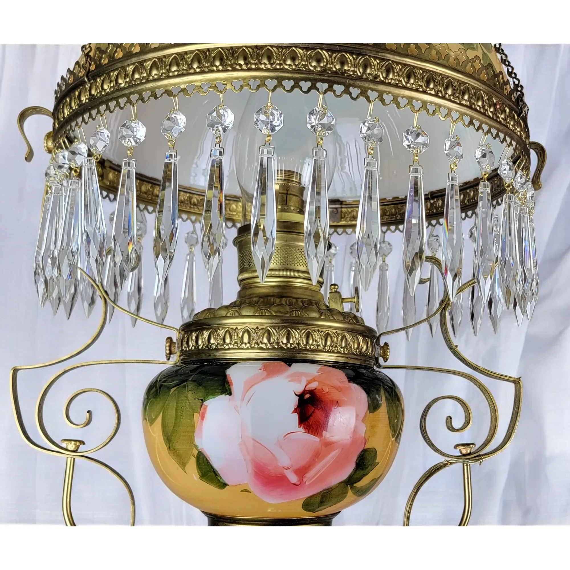 Antique 1890s Hanging Kerosene Parlor /Library Light Lamp - HP Roses - Electrified - View 9
