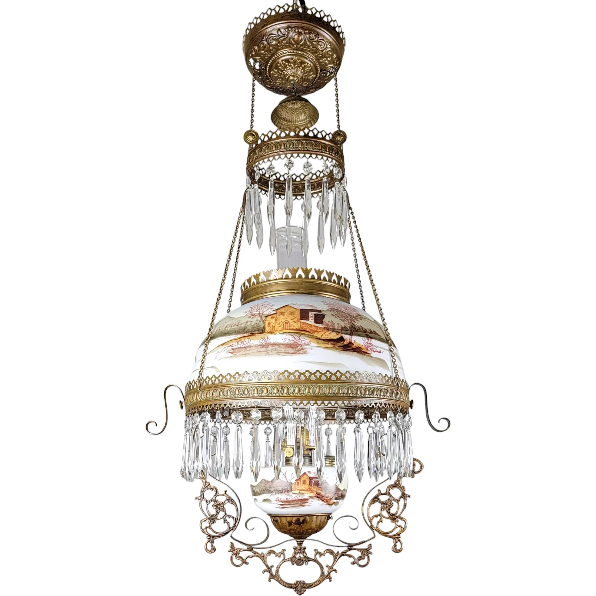 Antique 1890s Hanging Kerosene Library Light Lamp - Cabin & Ruins Scenes