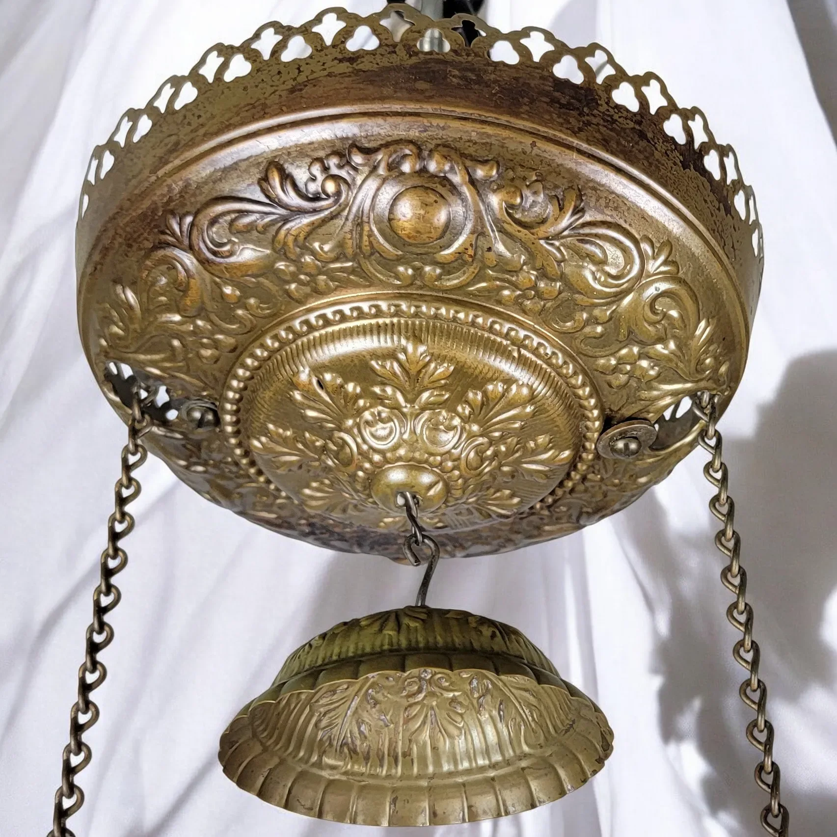 Antique 1890s Hanging Kerosene Library Light Lamp - Cabin & Ruins Scenes - View 4