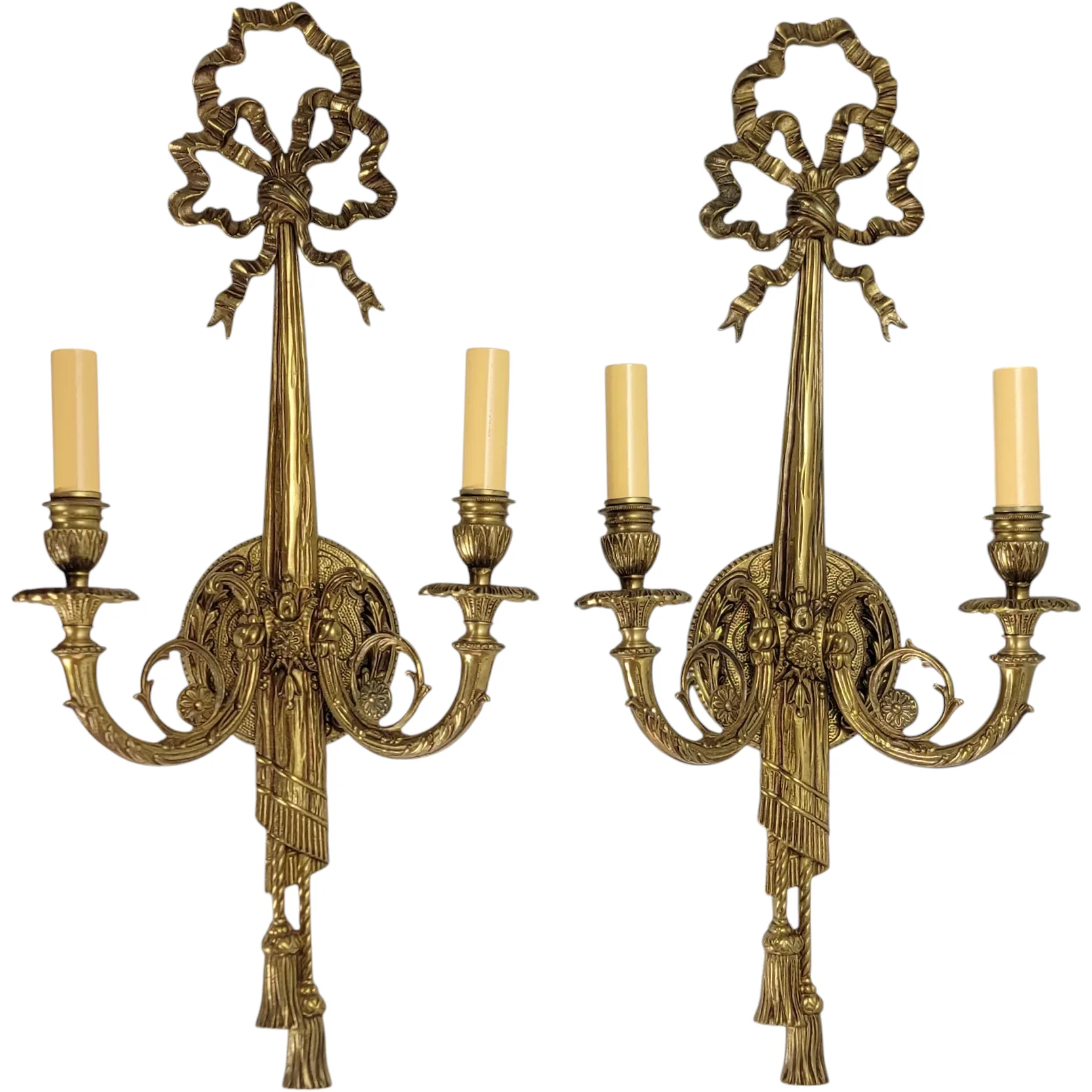 Large Pair Ornate Brass French 2-Light Wall Sconces - Louis XVI Style