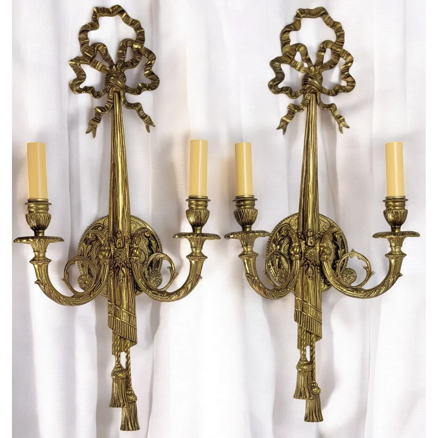 Large Pair Ornate Brass French 2-Light Wall Sconces - Louis XVI Style - View 2