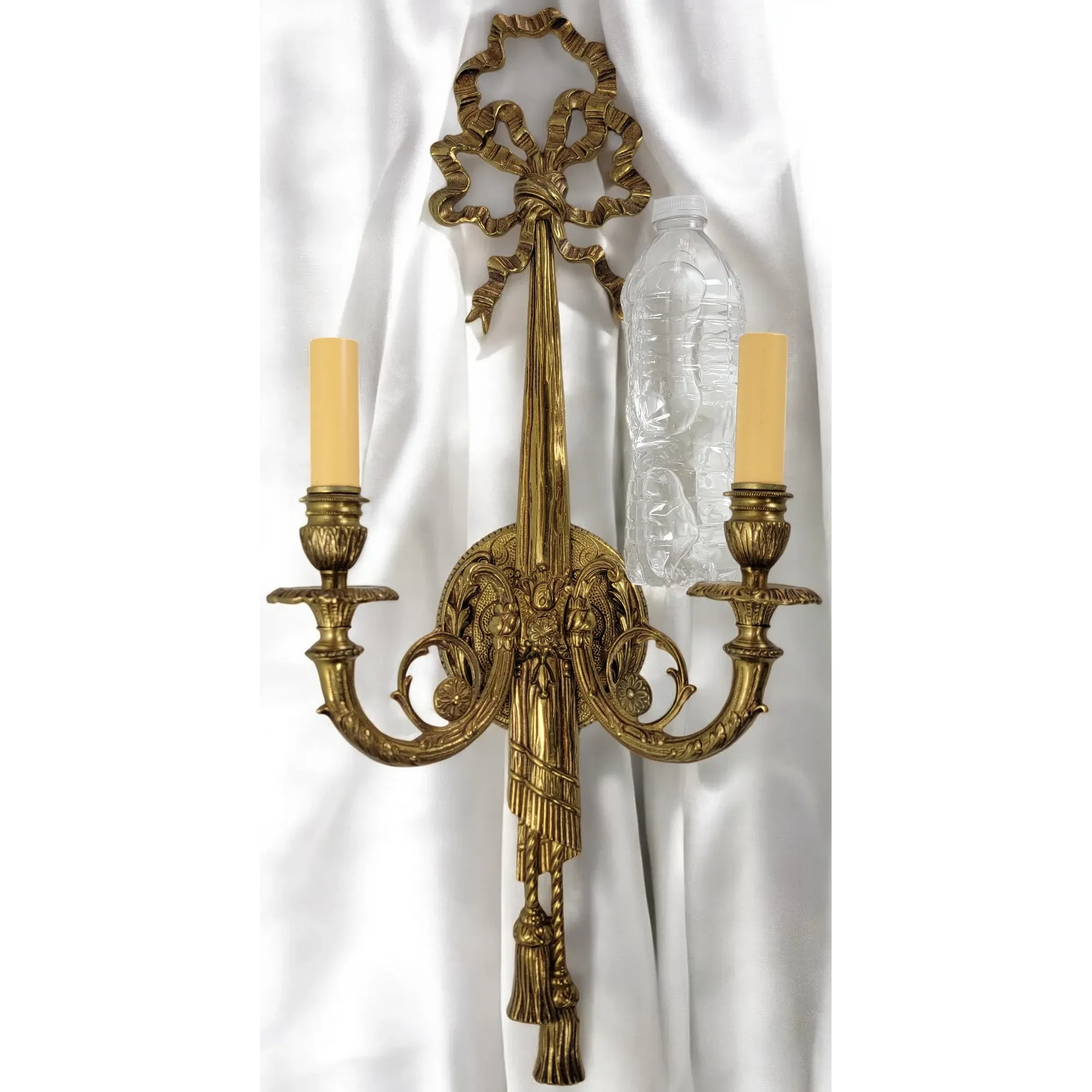 Large Pair Ornate Brass French 2-Light Wall Sconces - Louis XVI Style - View 3
