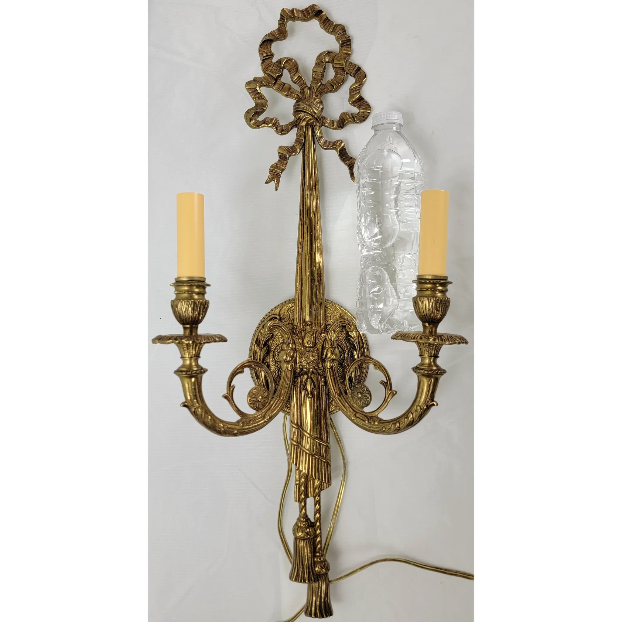 Large Pair Ornate Brass French 2-Light Wall Sconces - Louis XVI Style - View 7