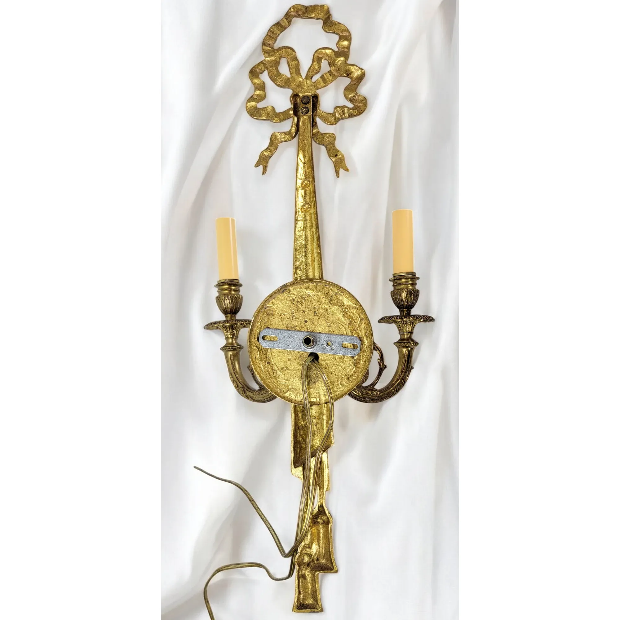 Large Pair Ornate Brass French 2-Light Wall Sconces - Louis XVI Style - View 9