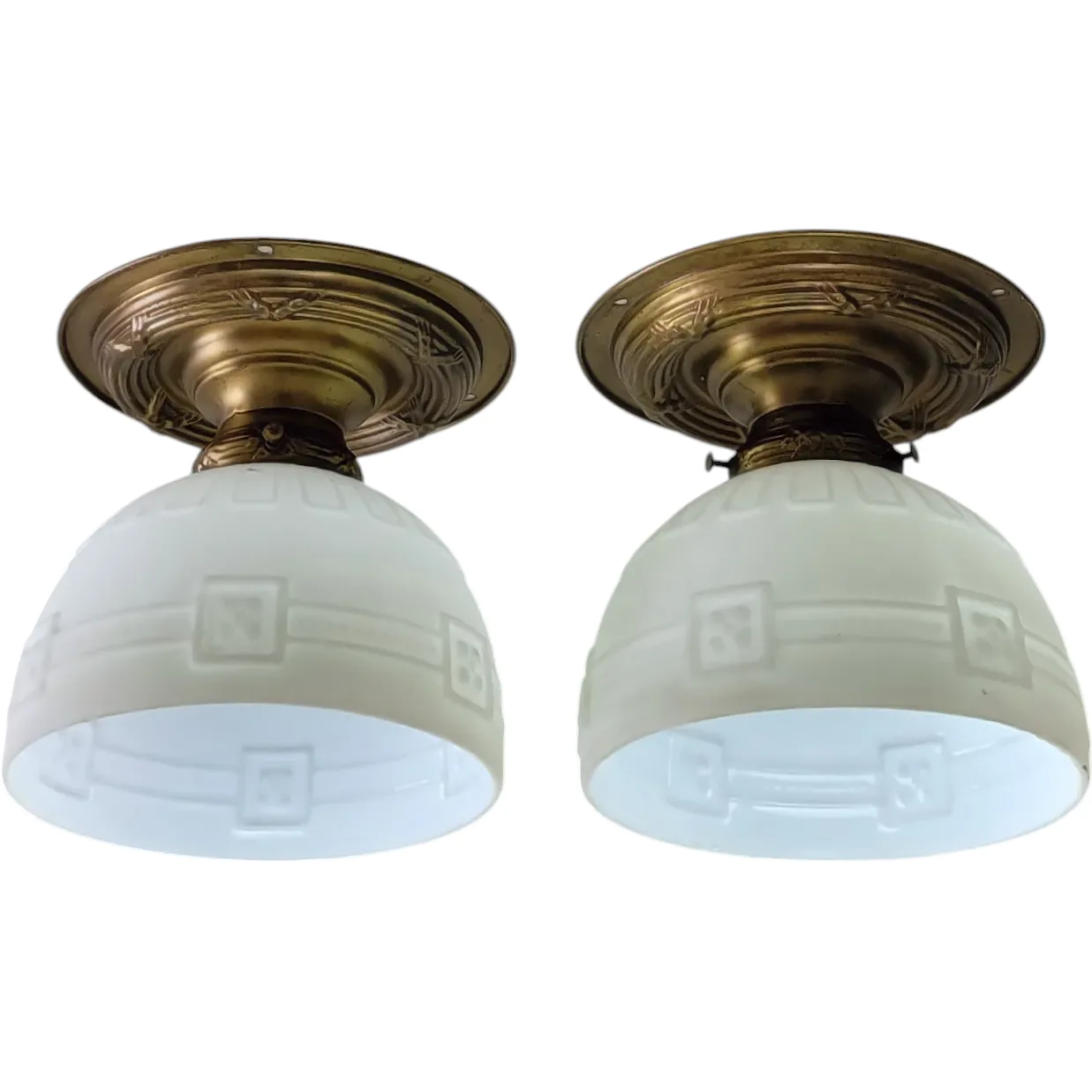 Antique Pair Brass Flush Mount Light Fixtures with Original Embossed Shades