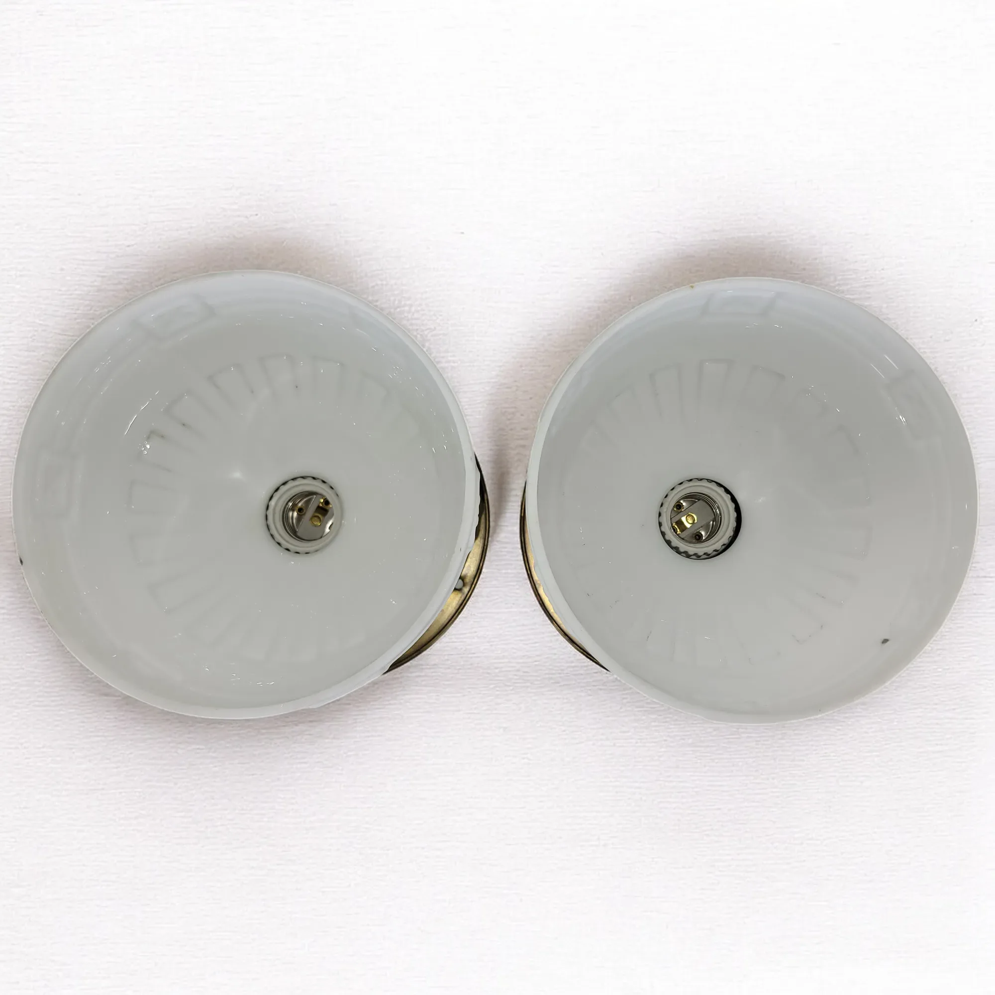 Antique Pair Brass Flush Mount Light Fixtures with Original Embossed Shades - View 10