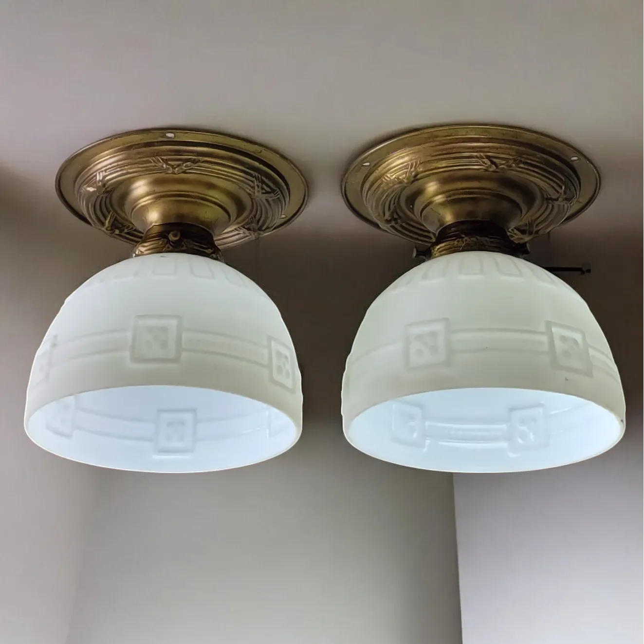 Antique Pair Brass Flush Mount Light Fixtures with Original Embossed Shades - View 2