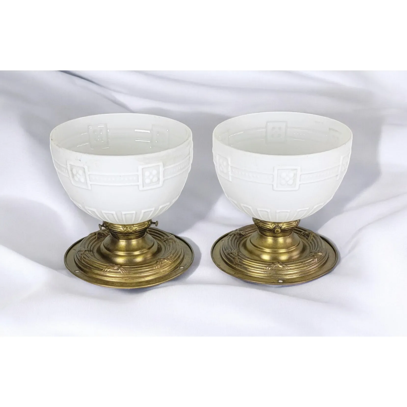 Antique Pair Brass Flush Mount Light Fixtures with Original Embossed Shades - View 5