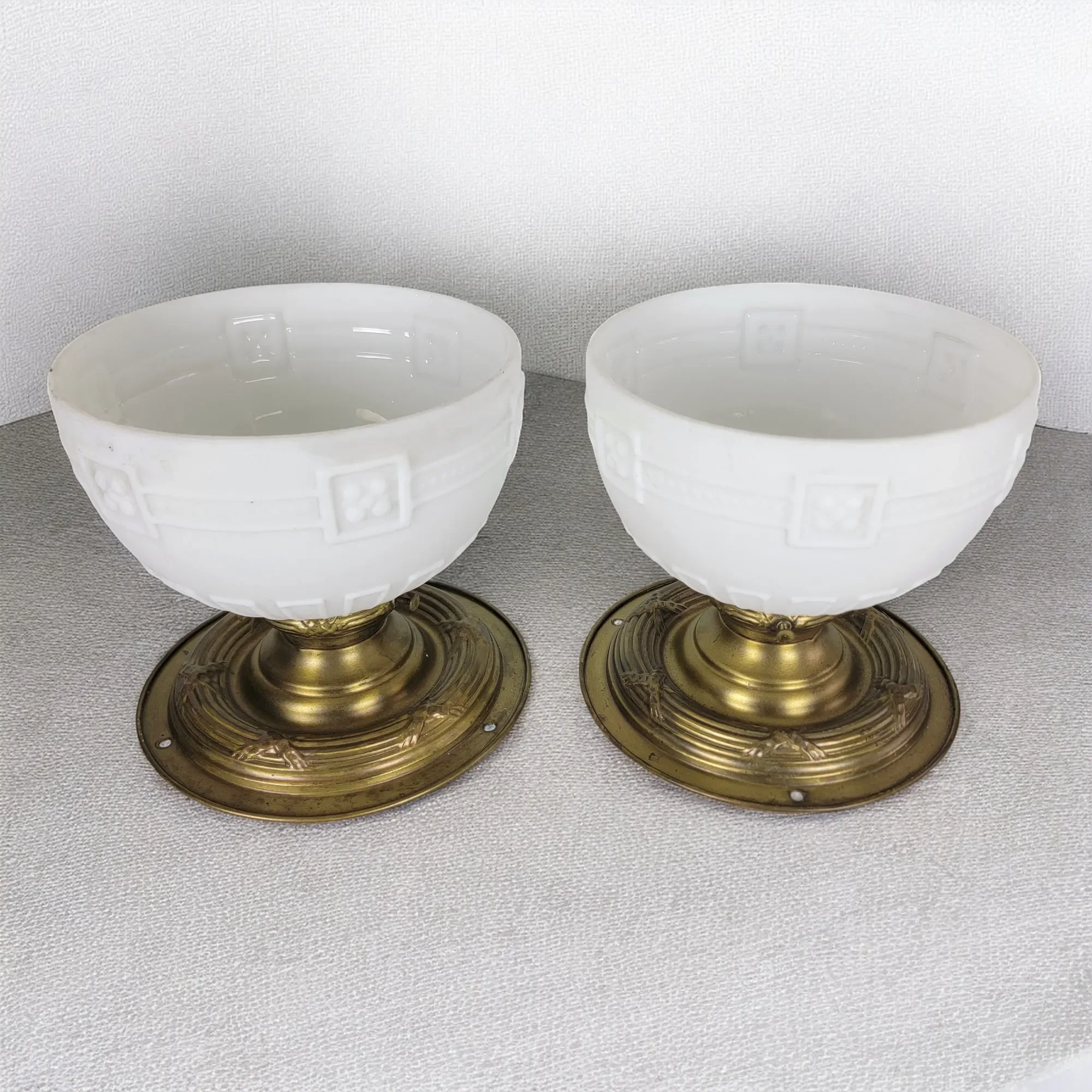 Antique Pair Brass Flush Mount Light Fixtures with Original Embossed Shades - View 6
