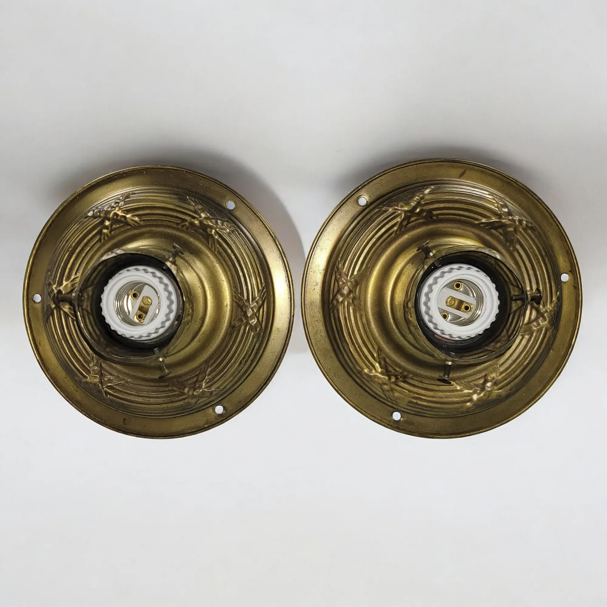 Antique Pair Brass Flush Mount Light Fixtures with Original Embossed Shades - View 7