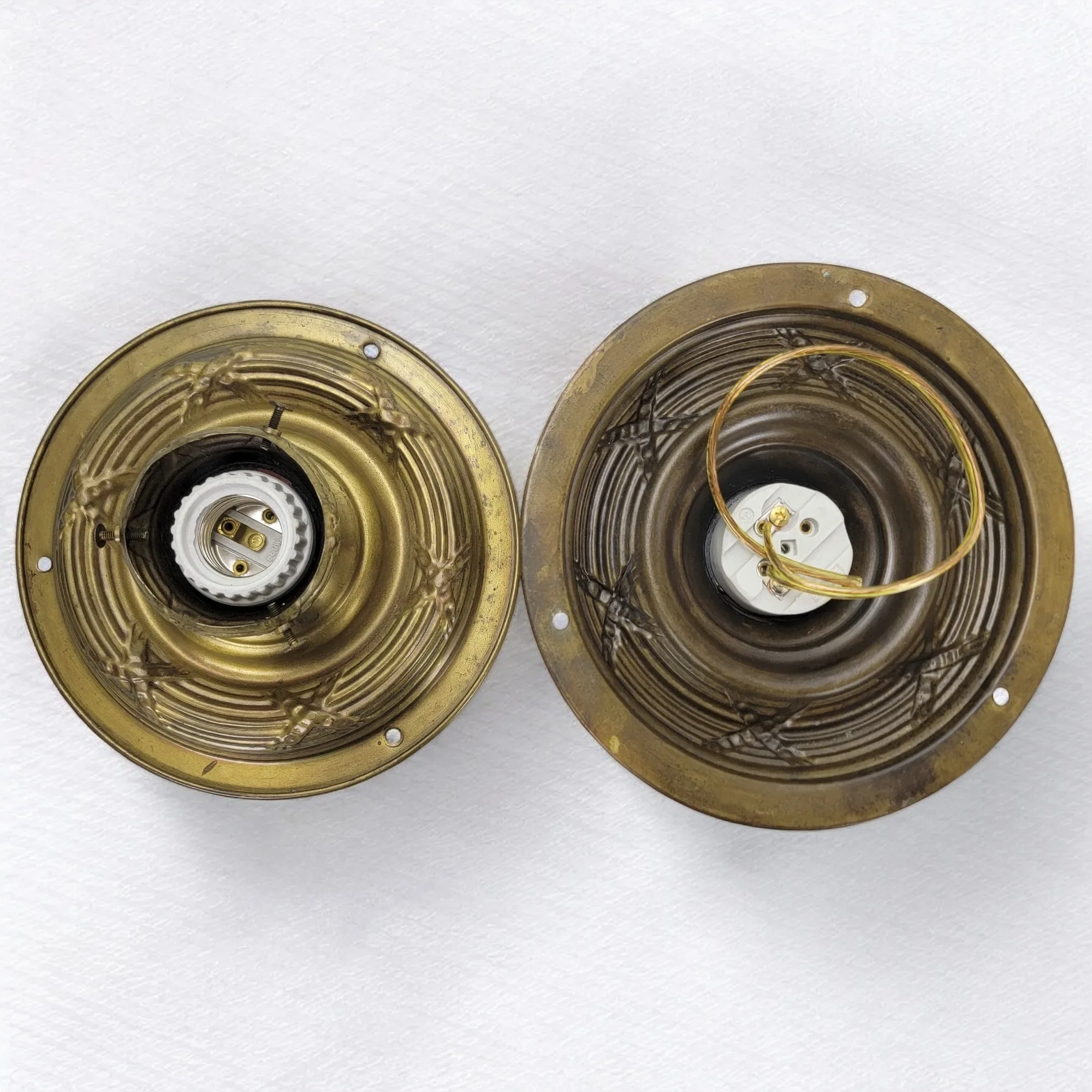 Antique Pair Brass Flush Mount Light Fixtures with Original Embossed Shades - View 8