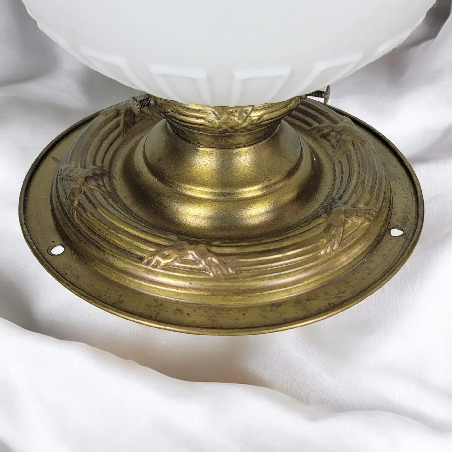 Antique Pair Brass Flush Mount Light Fixtures with Original Embossed Shades - View 9