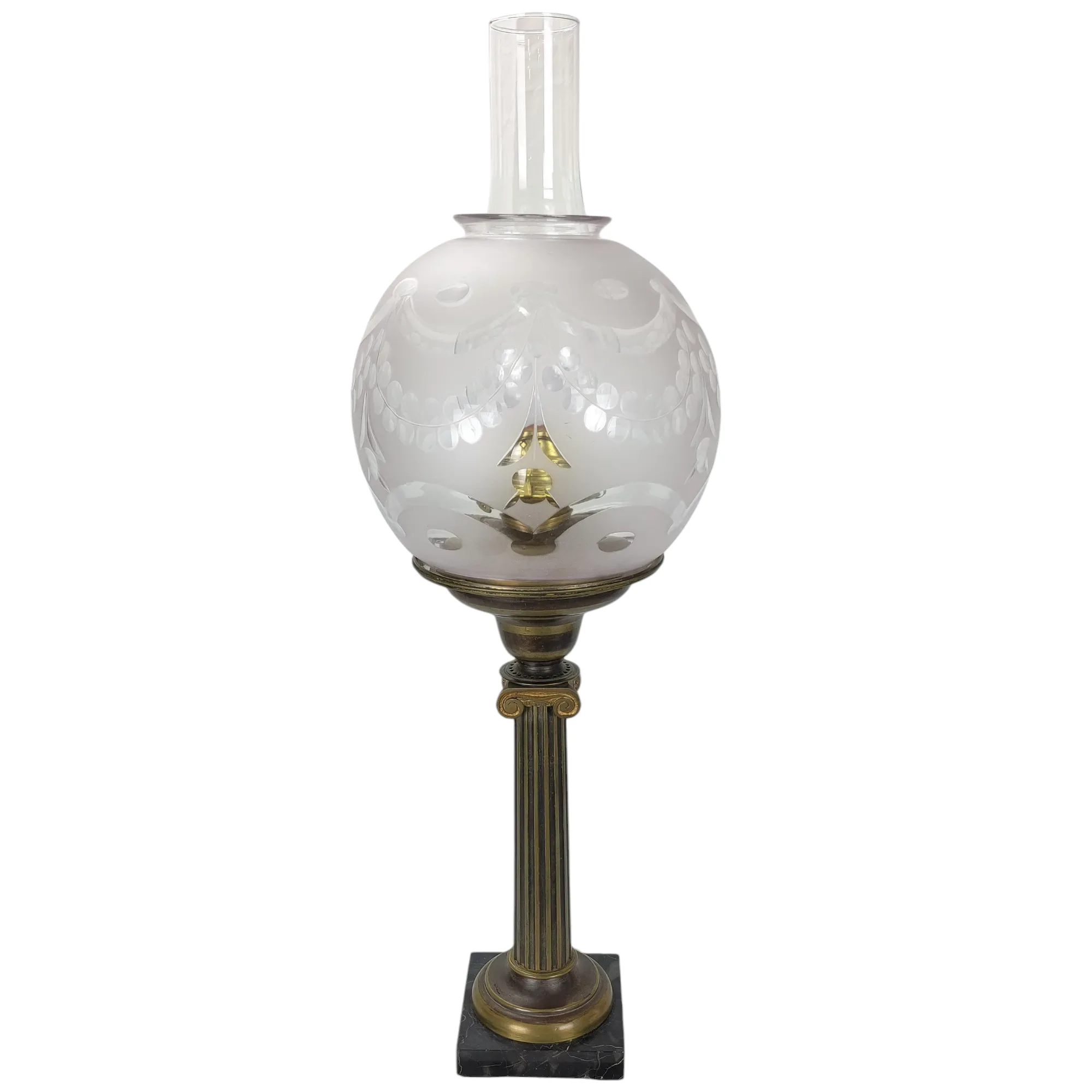 Antique Solar Lamp With Period Cut Ball Shade - 1840s