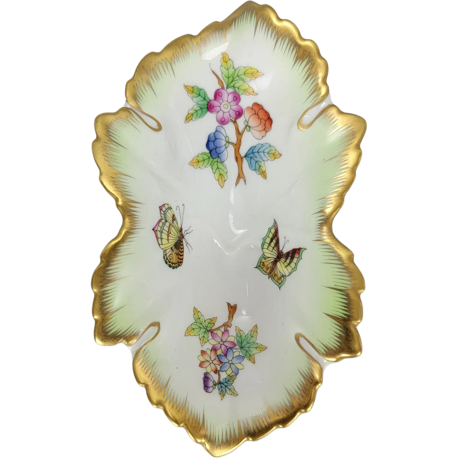Vintage Herend Hungary 6" Leaf Dish with Green Border - Queen Victoria