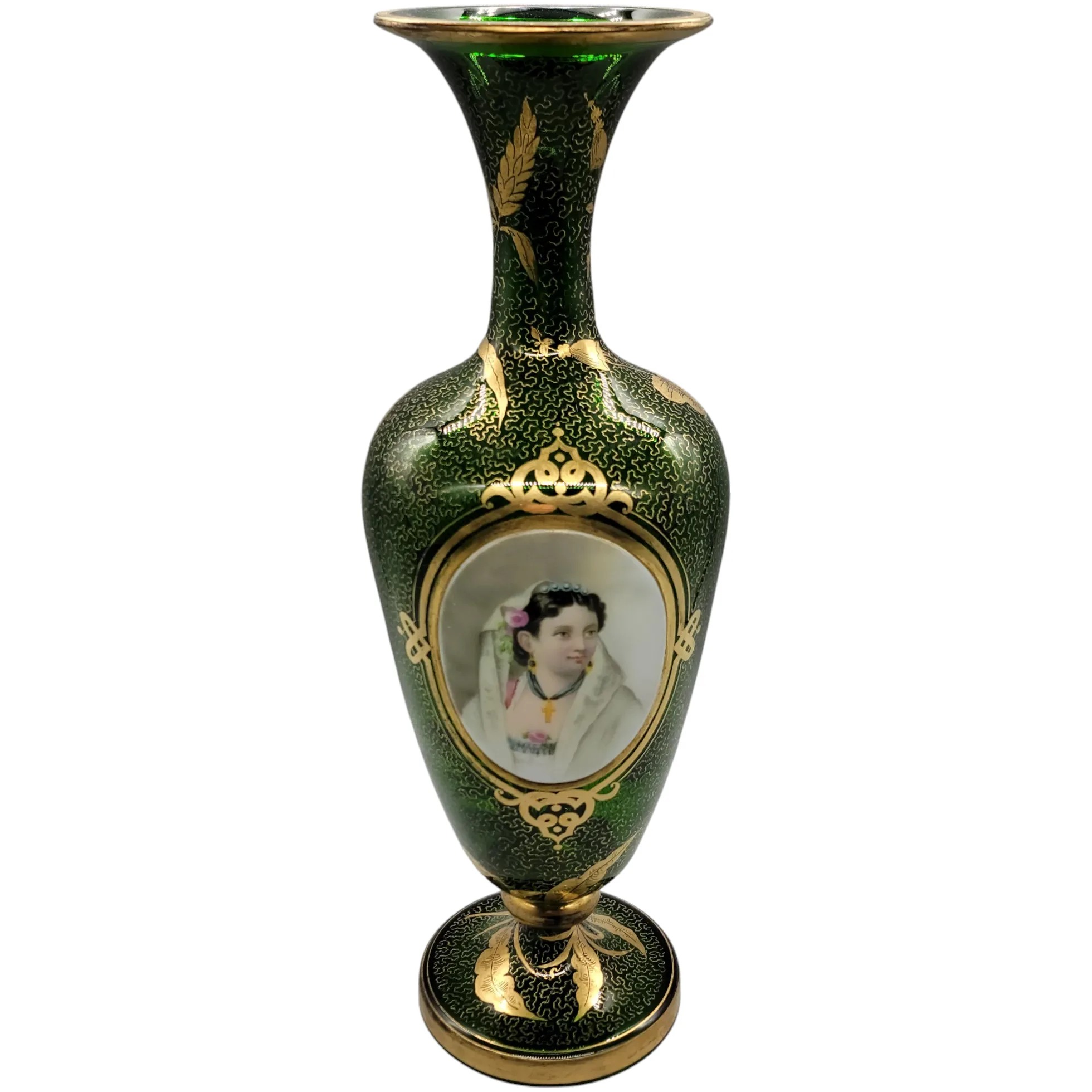 Antique Moser Bohemian Gilded Green Glass Portait Vase