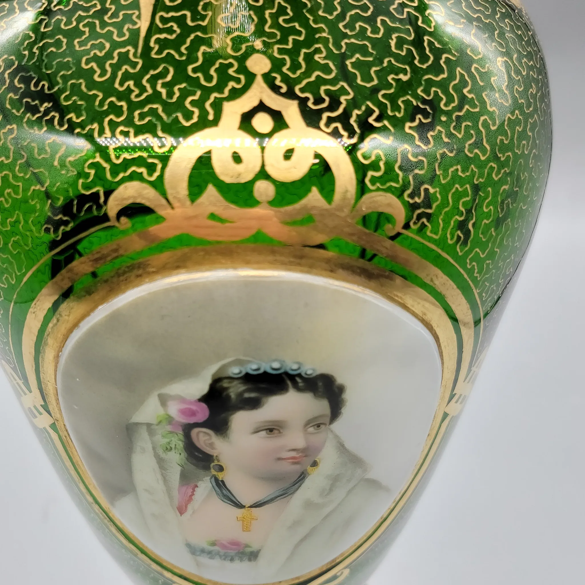 Antique Moser Bohemian Gilded Green Glass Portait Vase - View 10