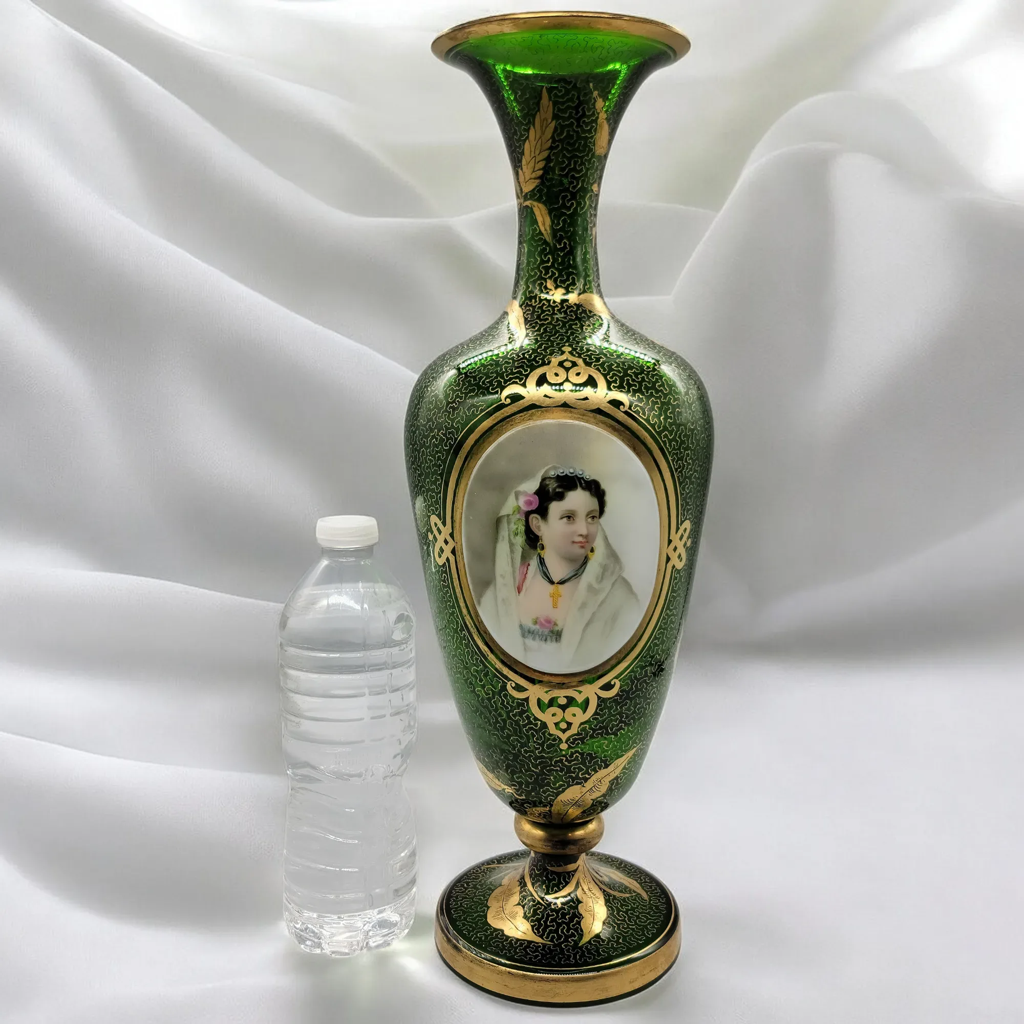 Antique Moser Bohemian Gilded Green Glass Portait Vase - View 11