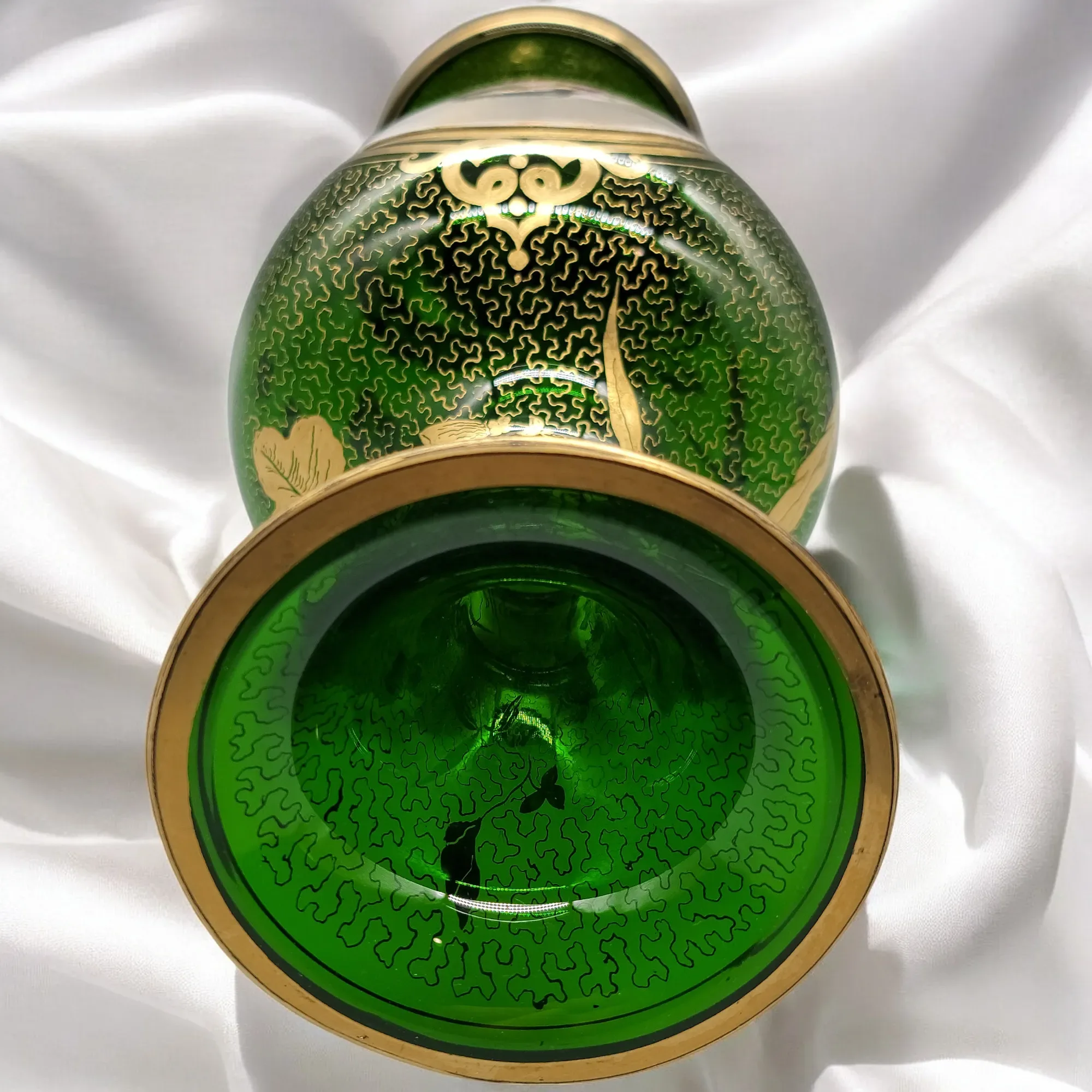 Antique Moser Bohemian Gilded Green Glass Portait Vase - View 13