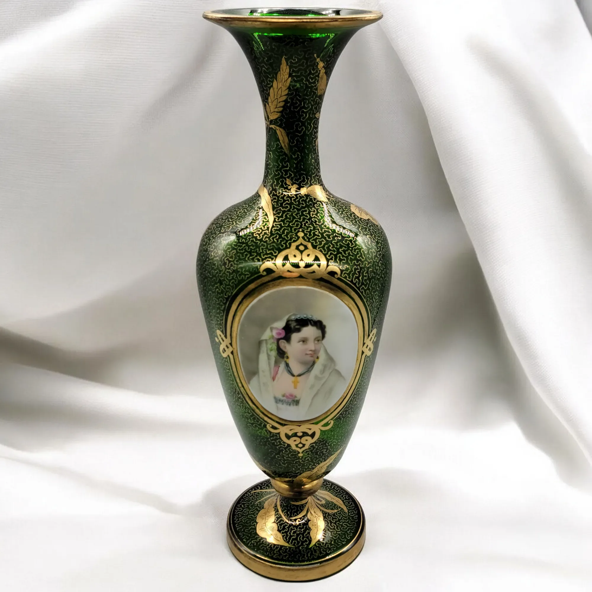 Antique Moser Bohemian Gilded Green Glass Portait Vase - View 2