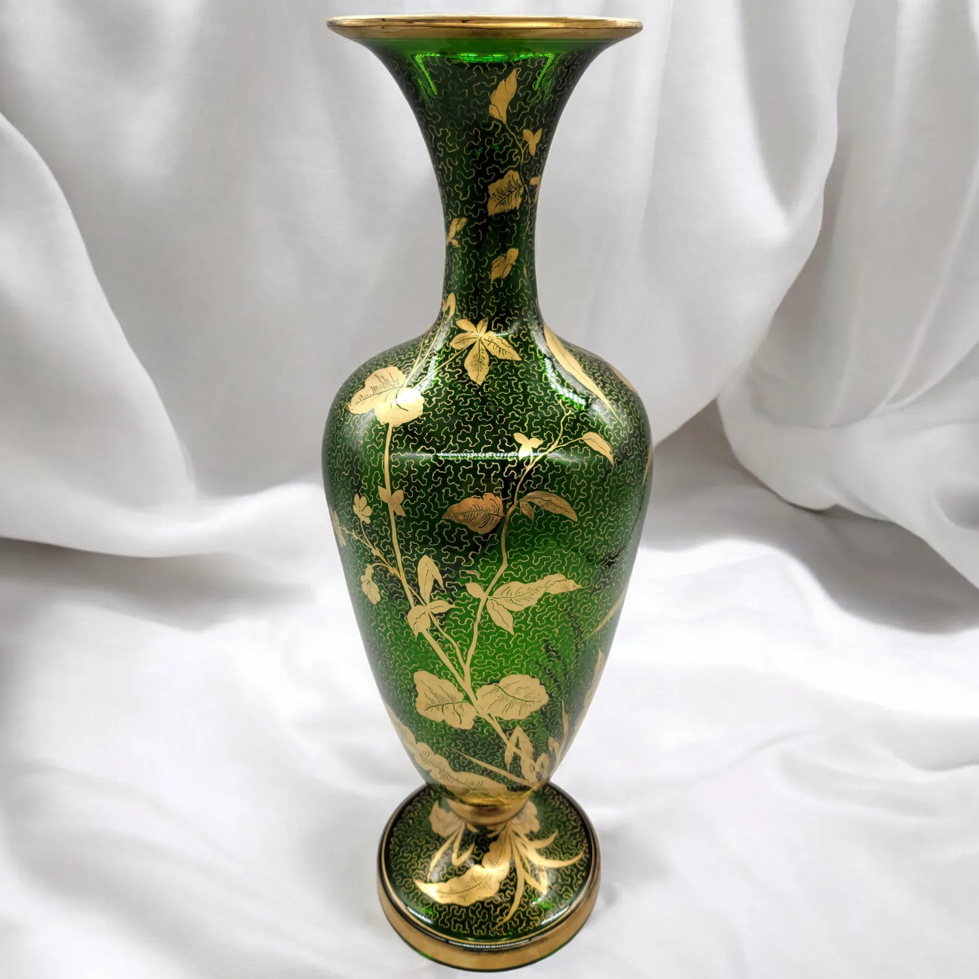 Antique Moser Bohemian Gilded Green Glass Portait Vase - View 3