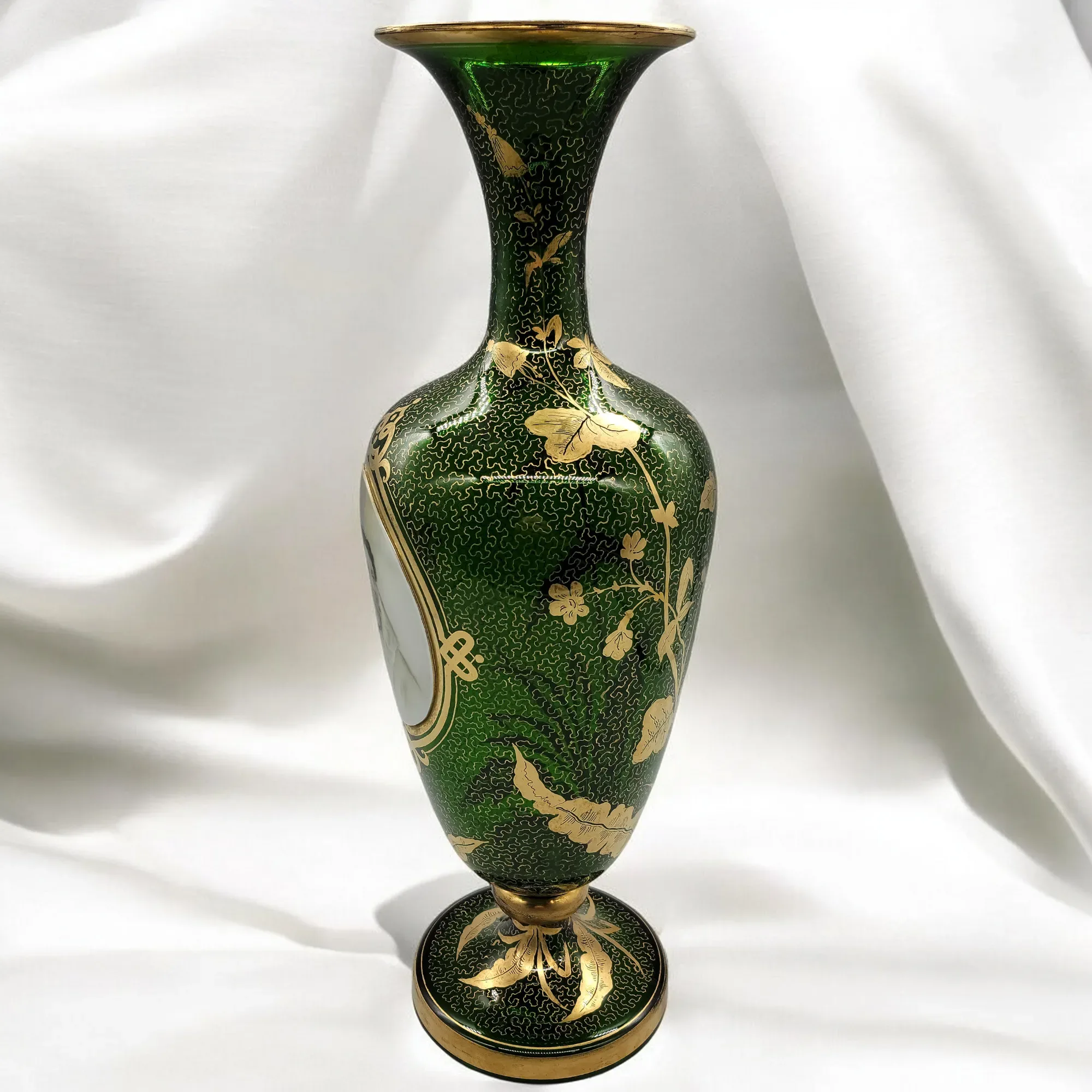 Antique Moser Bohemian Gilded Green Glass Portait Vase - View 4