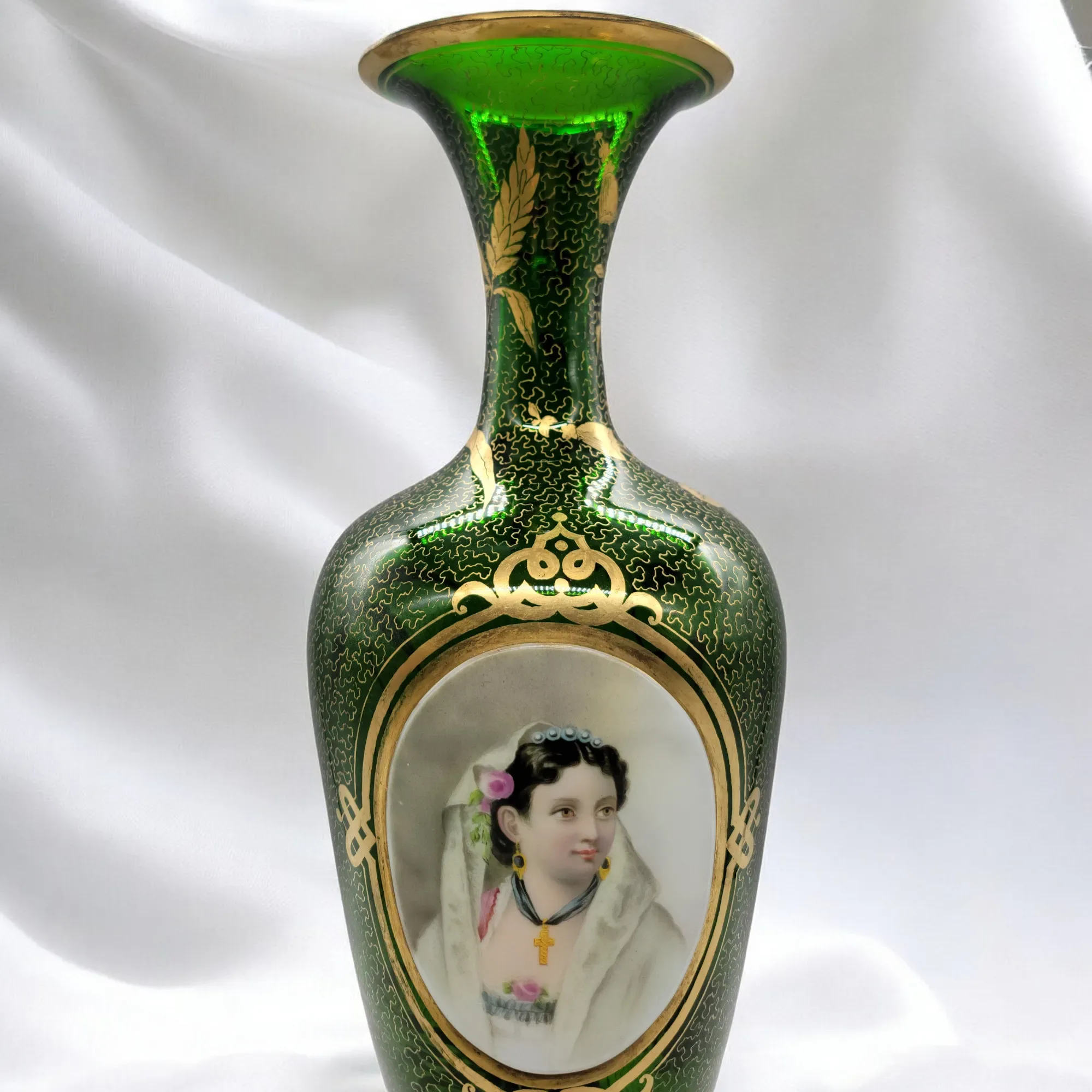 Antique Moser Bohemian Gilded Green Glass Portait Vase - View 6