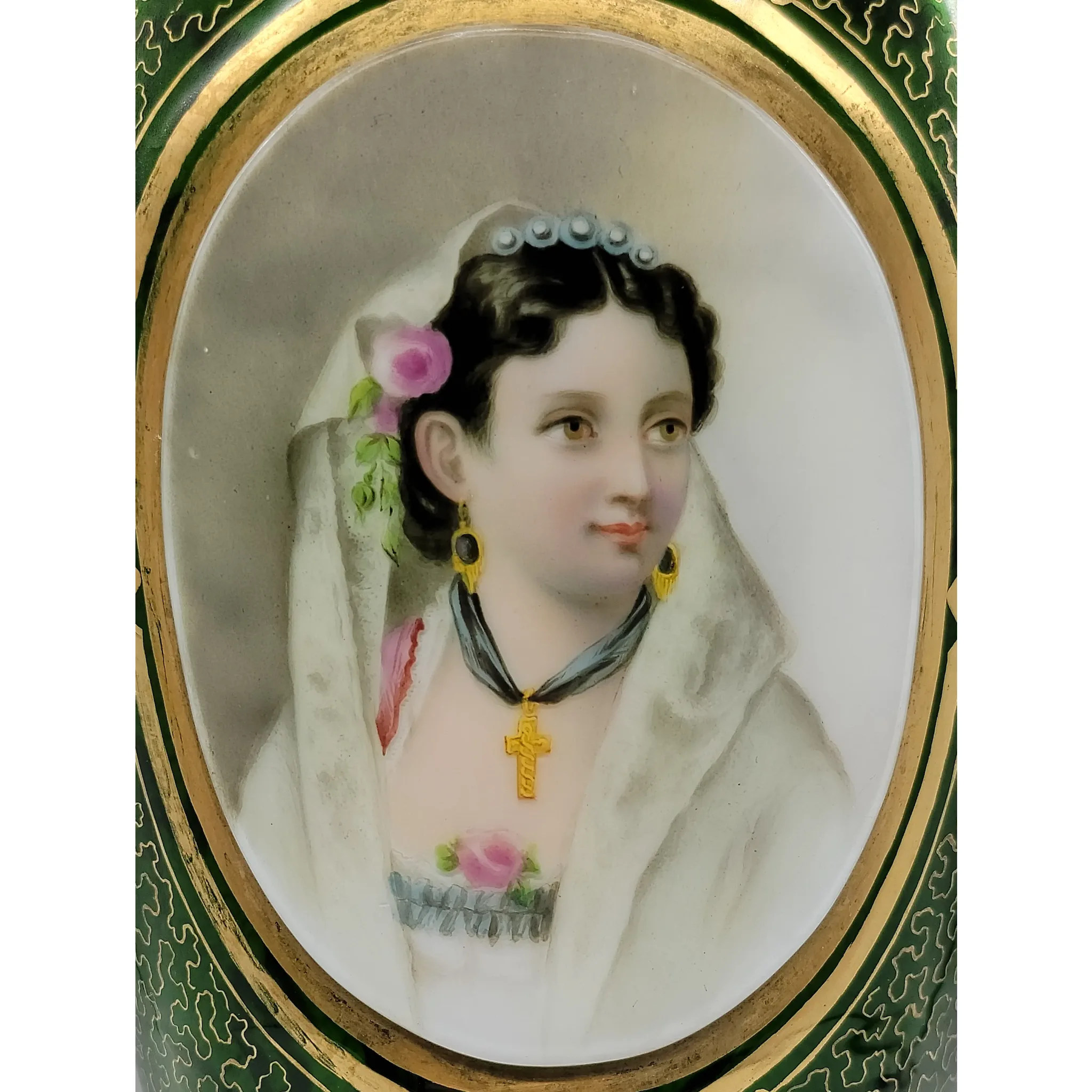 Antique Moser Bohemian Gilded Green Glass Portait Vase - View 7