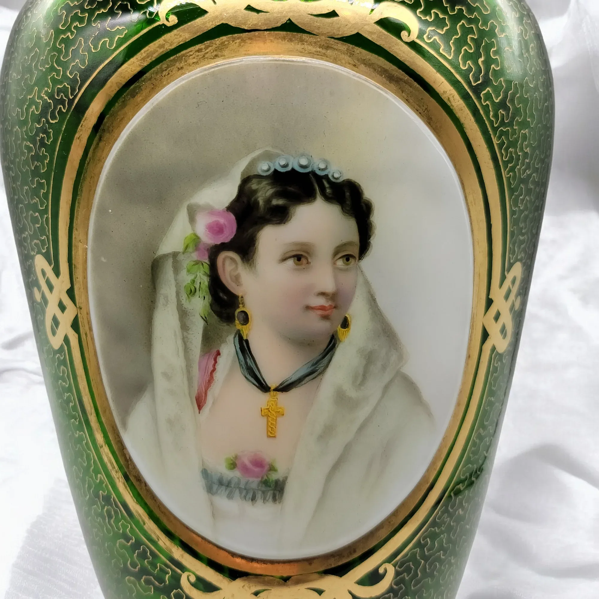 Antique Moser Bohemian Gilded Green Glass Portait Vase - View 8
