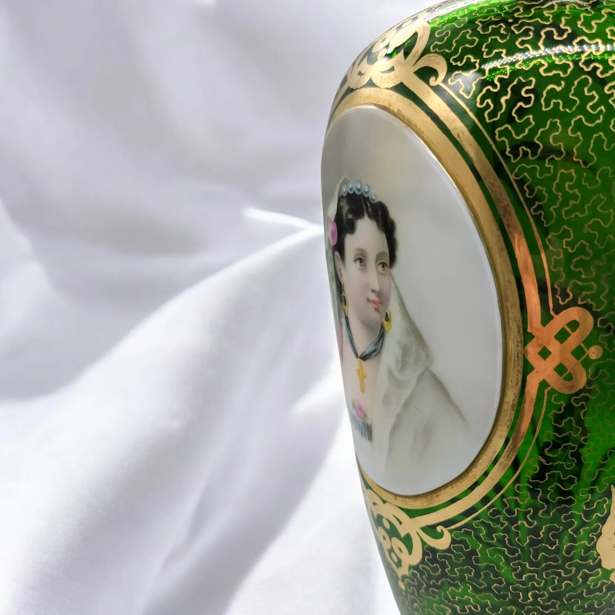 Antique Moser Bohemian Gilded Green Glass Portait Vase - View 9