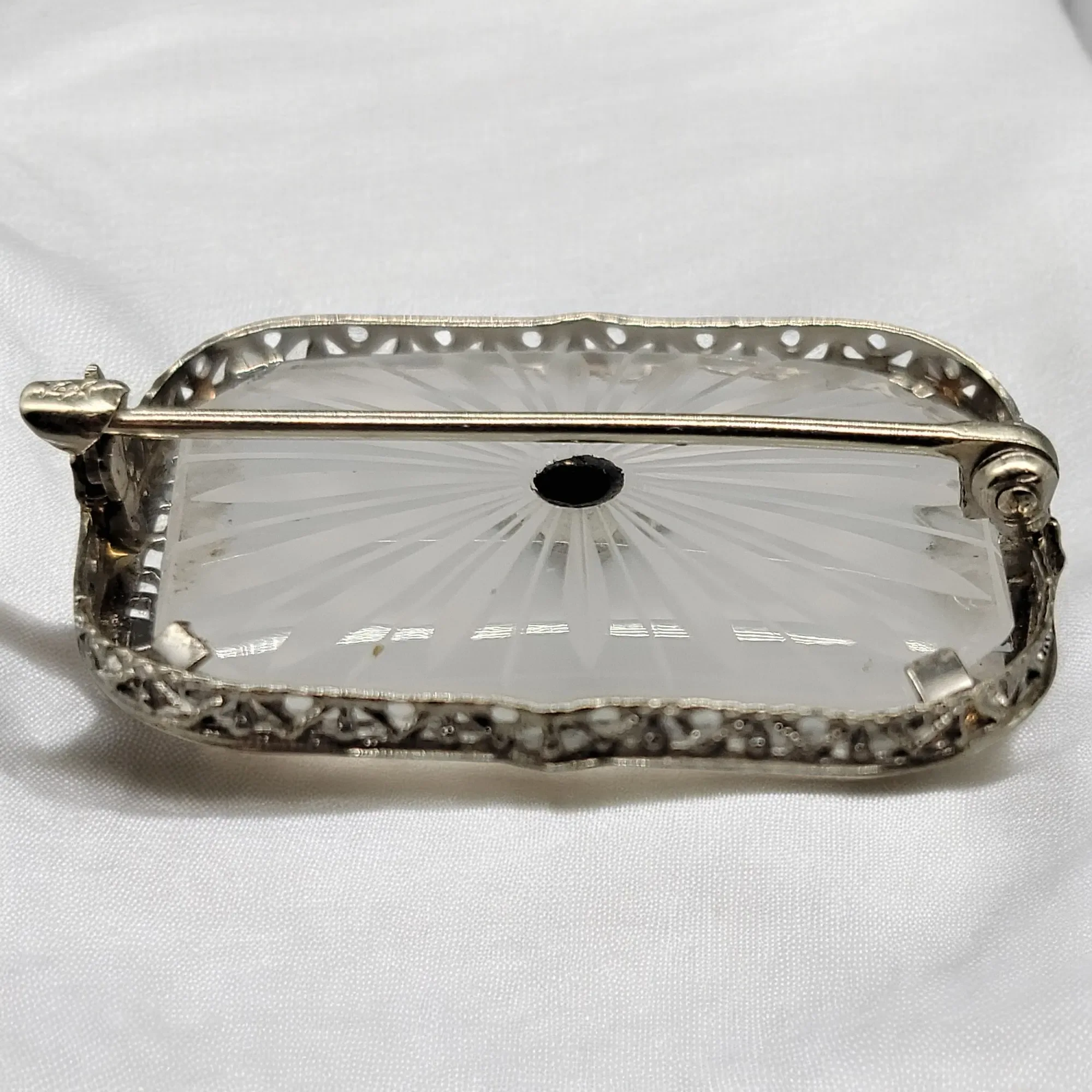 Vintage 1930s Art Deco 14K Camphor Glass Diamond Brooch / Pin - View 4