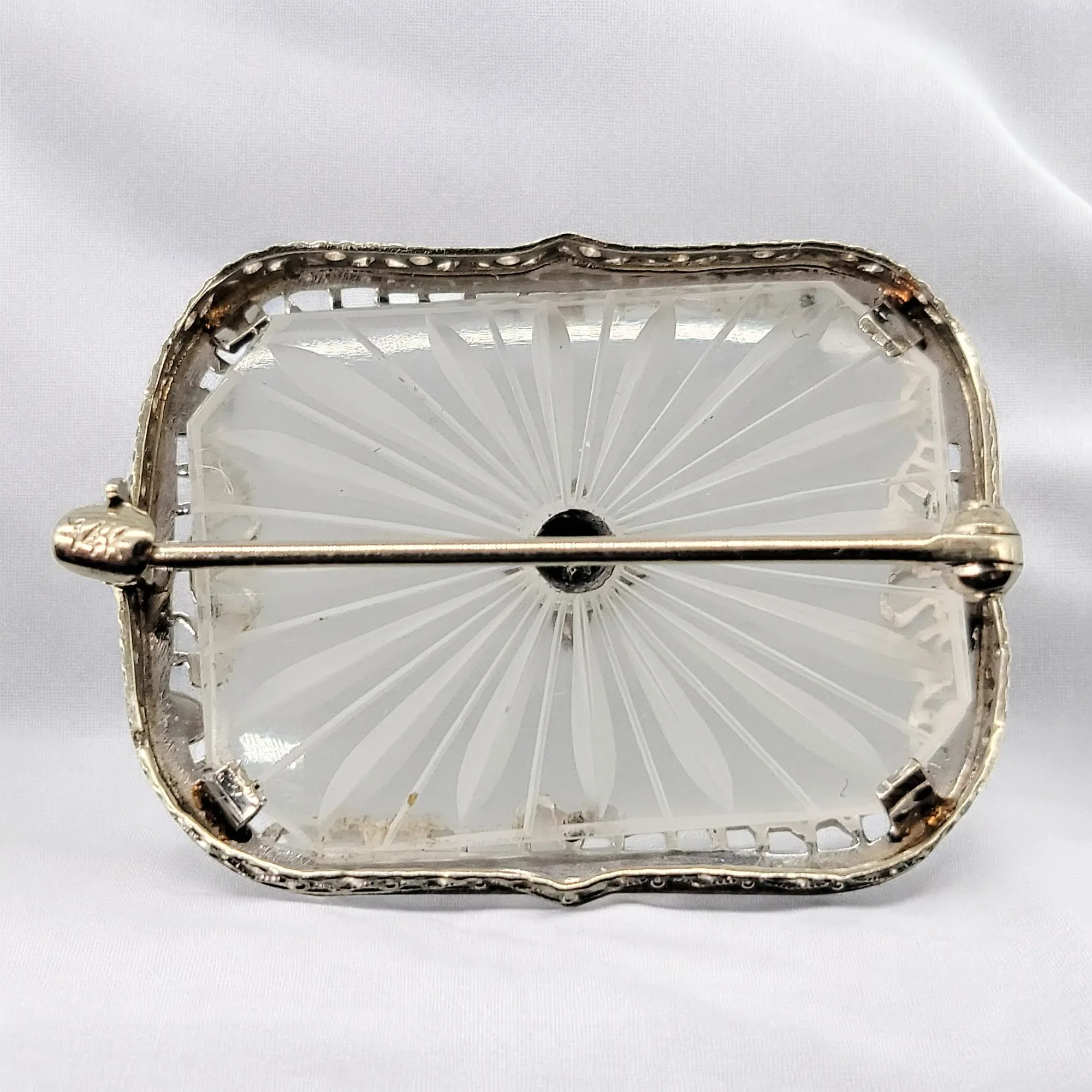 Vintage 1930s Art Deco 14K Camphor Glass Diamond Brooch / Pin - View 5