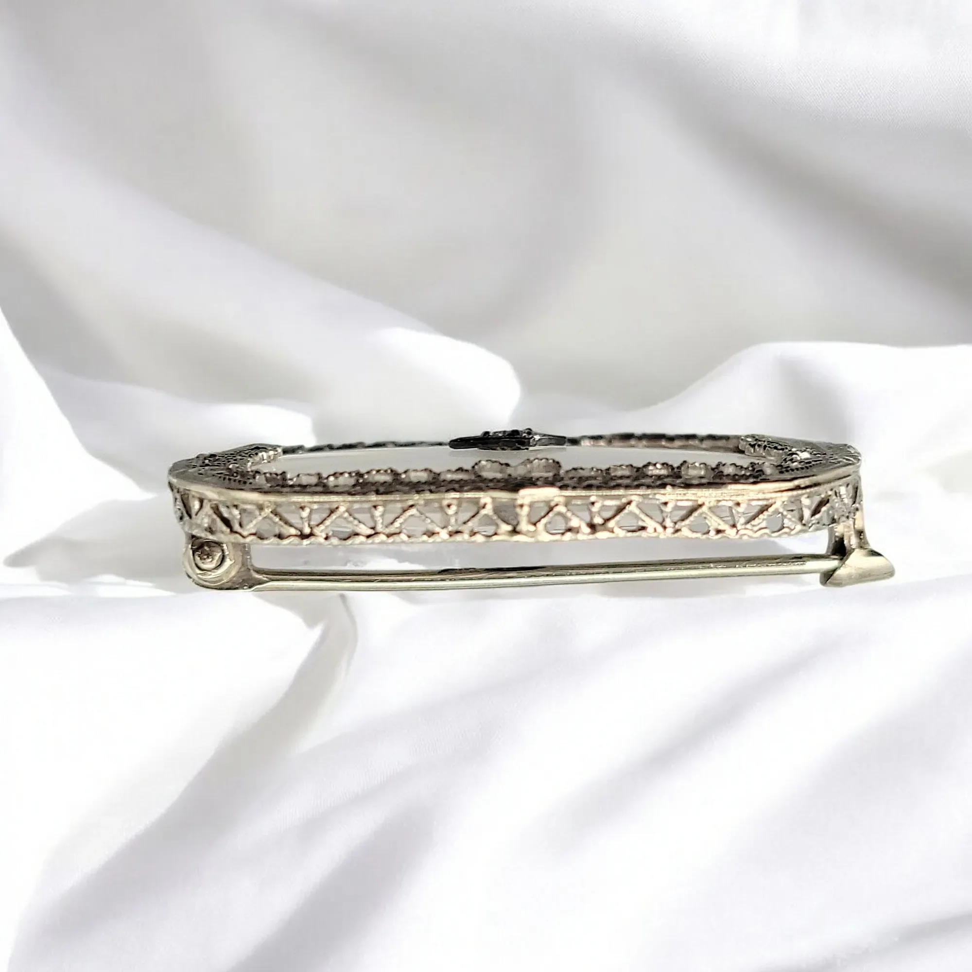 Vintage 1930s Art Deco 14K Camphor Glass Diamond Brooch / Pin - View 6