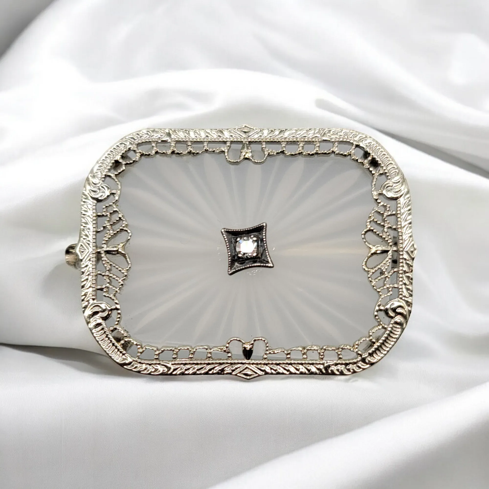 Vintage 1930s Art Deco 14K Camphor Glass Diamond Brooch / Pin - View 7