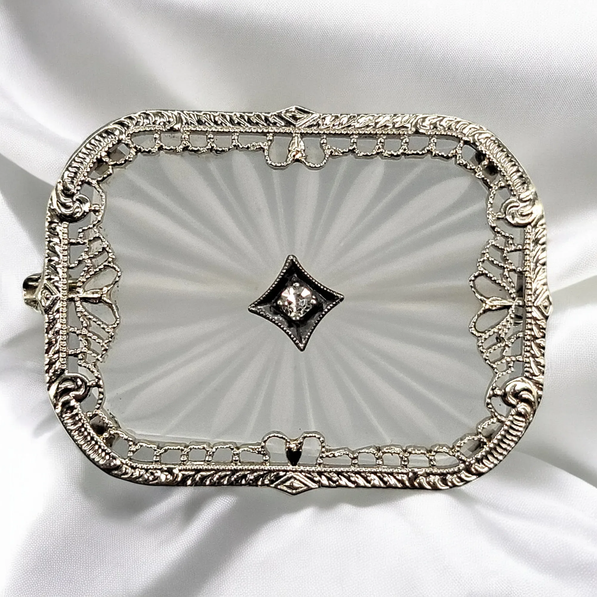 Vintage 1930s Art Deco 14K Camphor Glass Diamond Brooch / Pin - View 8