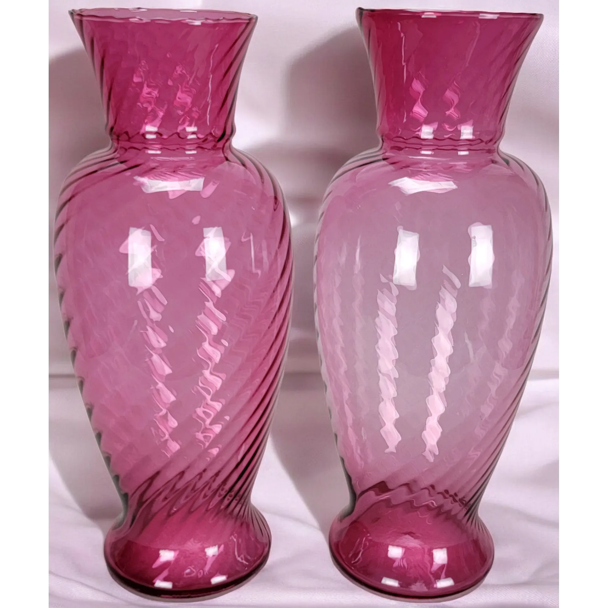 Pair Pilgrim Cranberry Swirl Glass Regency Vases - View 2