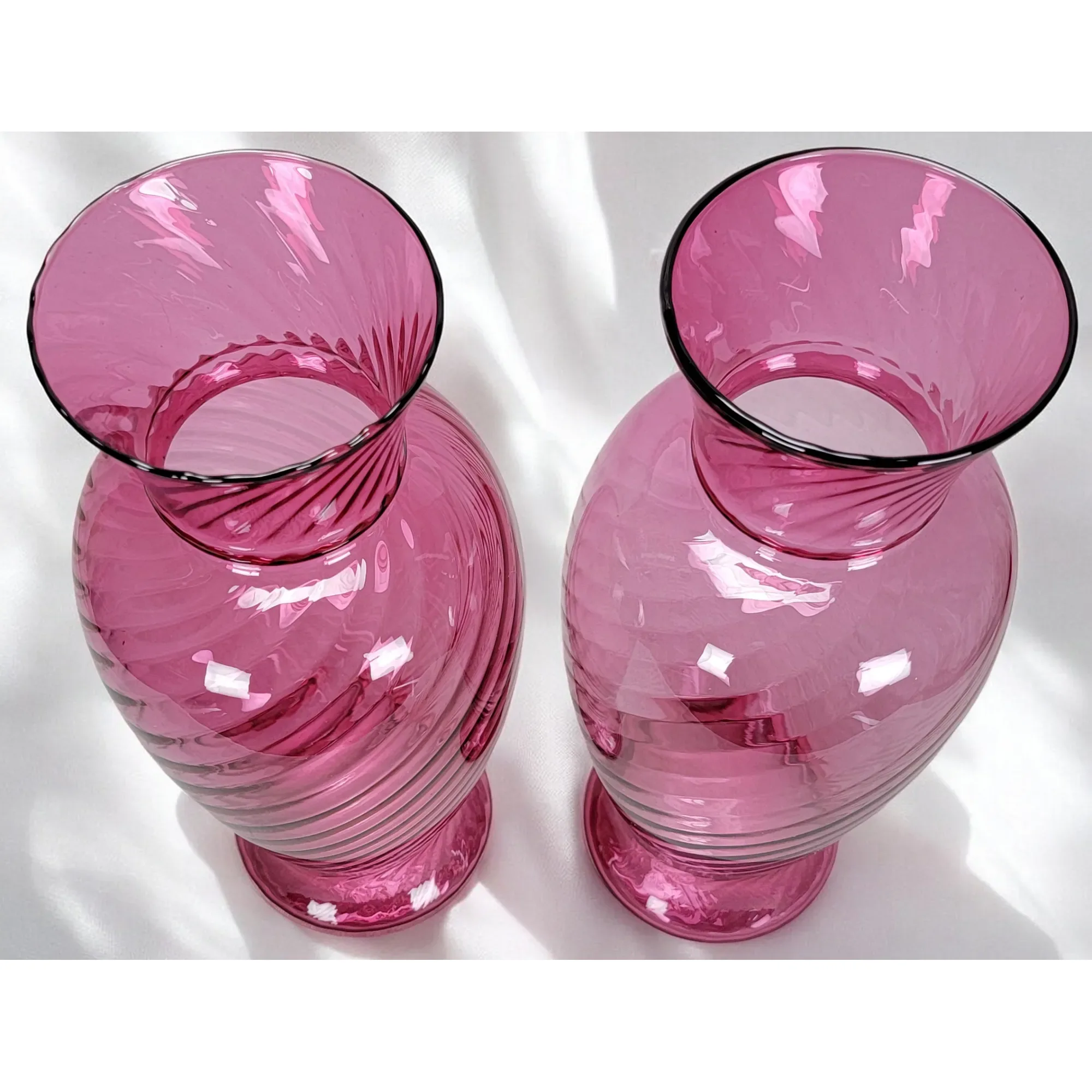 Pair Pilgrim Cranberry Swirl Glass Regency Vases - View 5