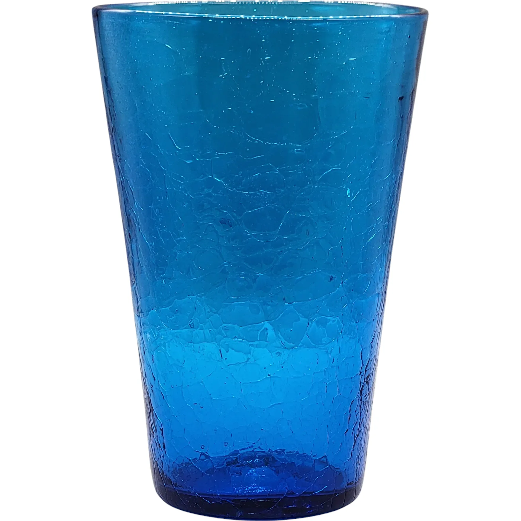 Blenko 1960s MCM Persian Blue Crackle Glass Vase #366-M