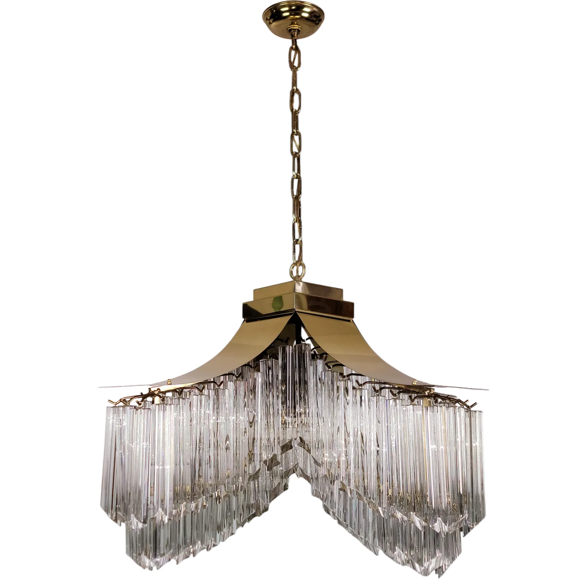 Vintage Large Brass and Venini Murano Glass Pagoda Chandelier
