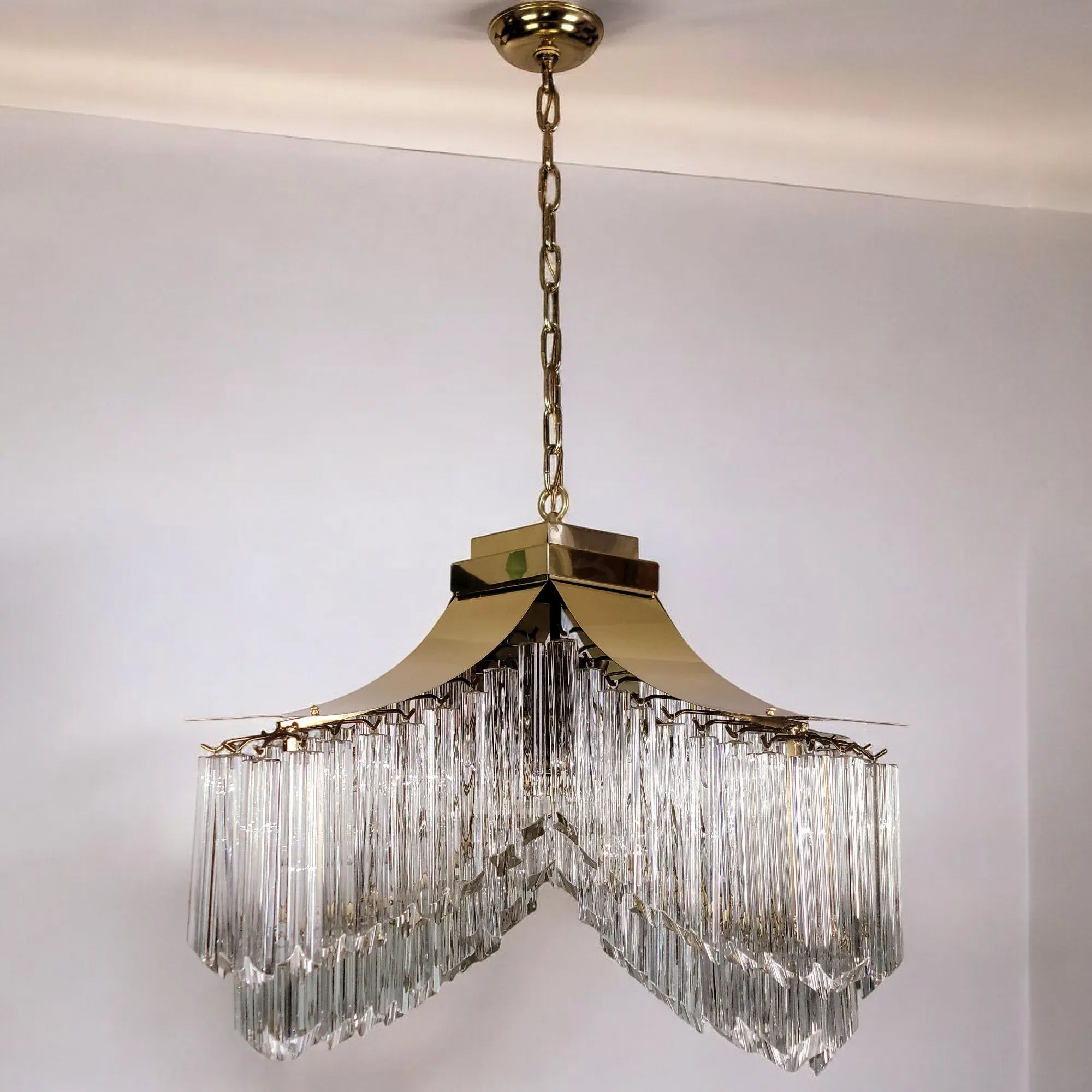 Vintage Large Brass and Venini Murano Glass Pagoda Chandelier - View 2